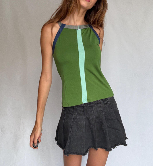 Y2K Adolfo Dominguez Green Racer Cami | Sporty Minimalist Striped Tank | Indie Sleek Fit | Size S