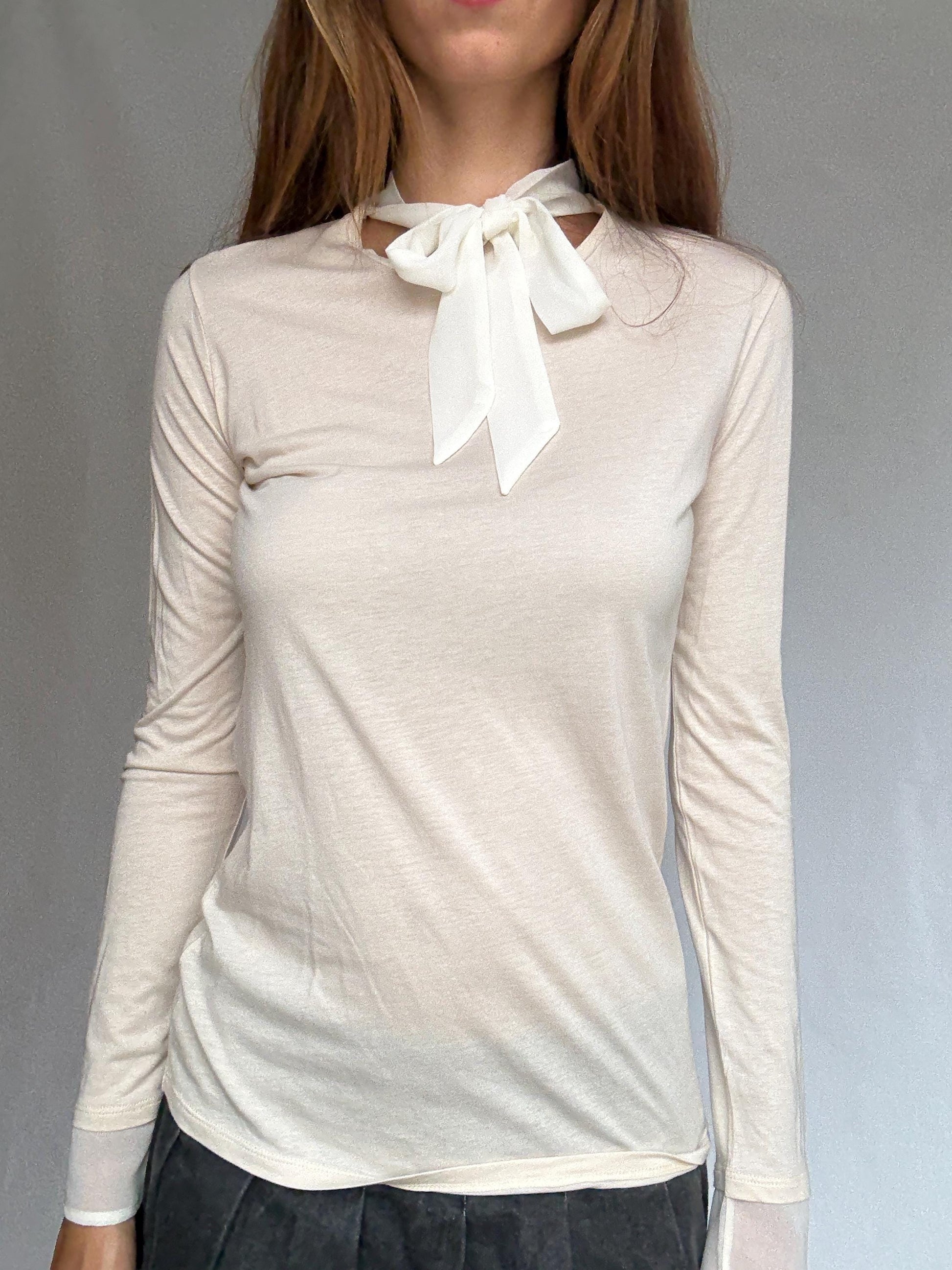 Soft Girl Dream Tie-Neck Tee | Sisley Modal Cotton Long Sleeve | Coquette Balletcore Layer | Size S