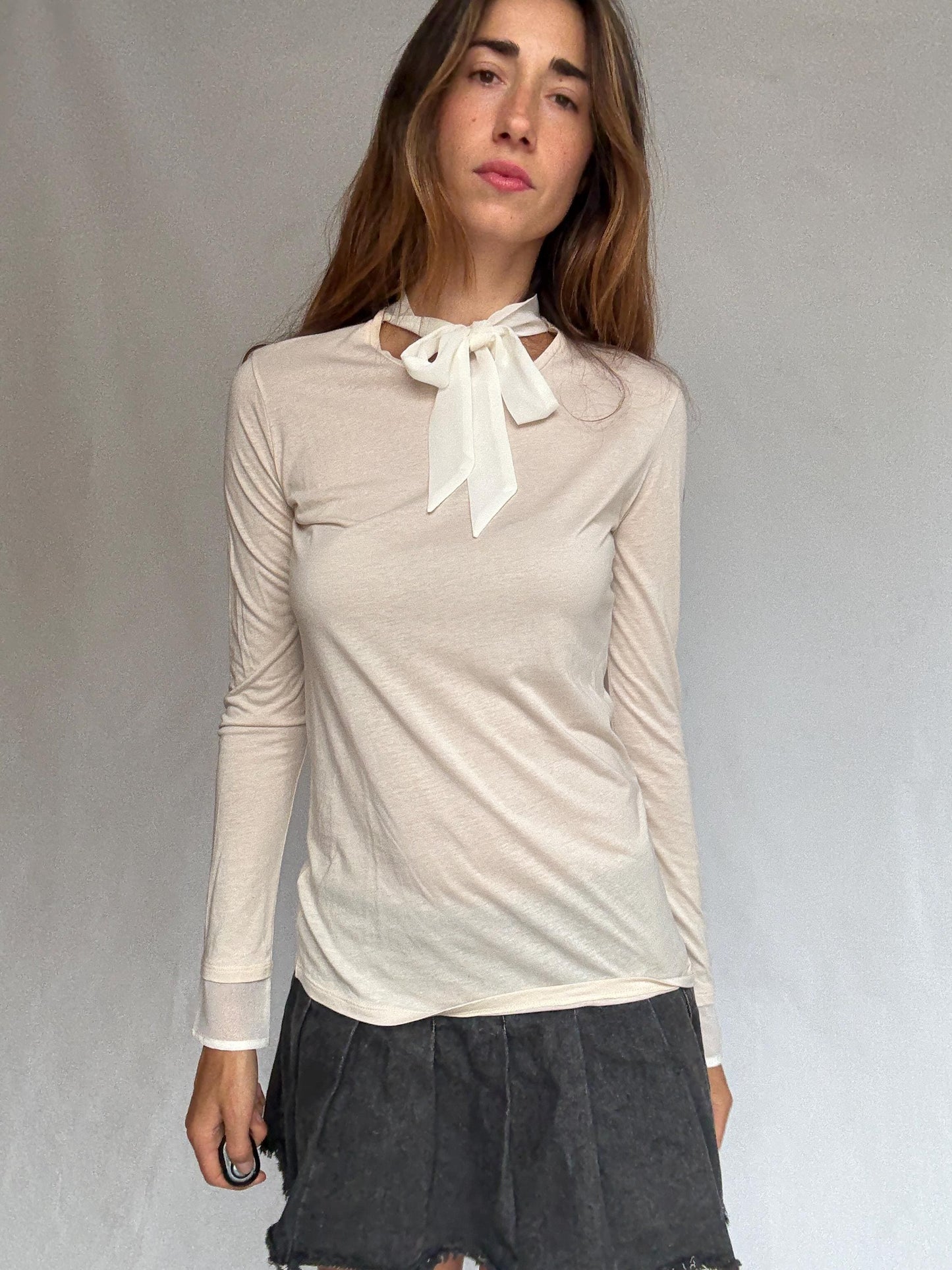 Soft Girl Dream Tie-Neck Tee | Sisley Modal Cotton Long Sleeve | Coquette Balletcore Layer | Size S