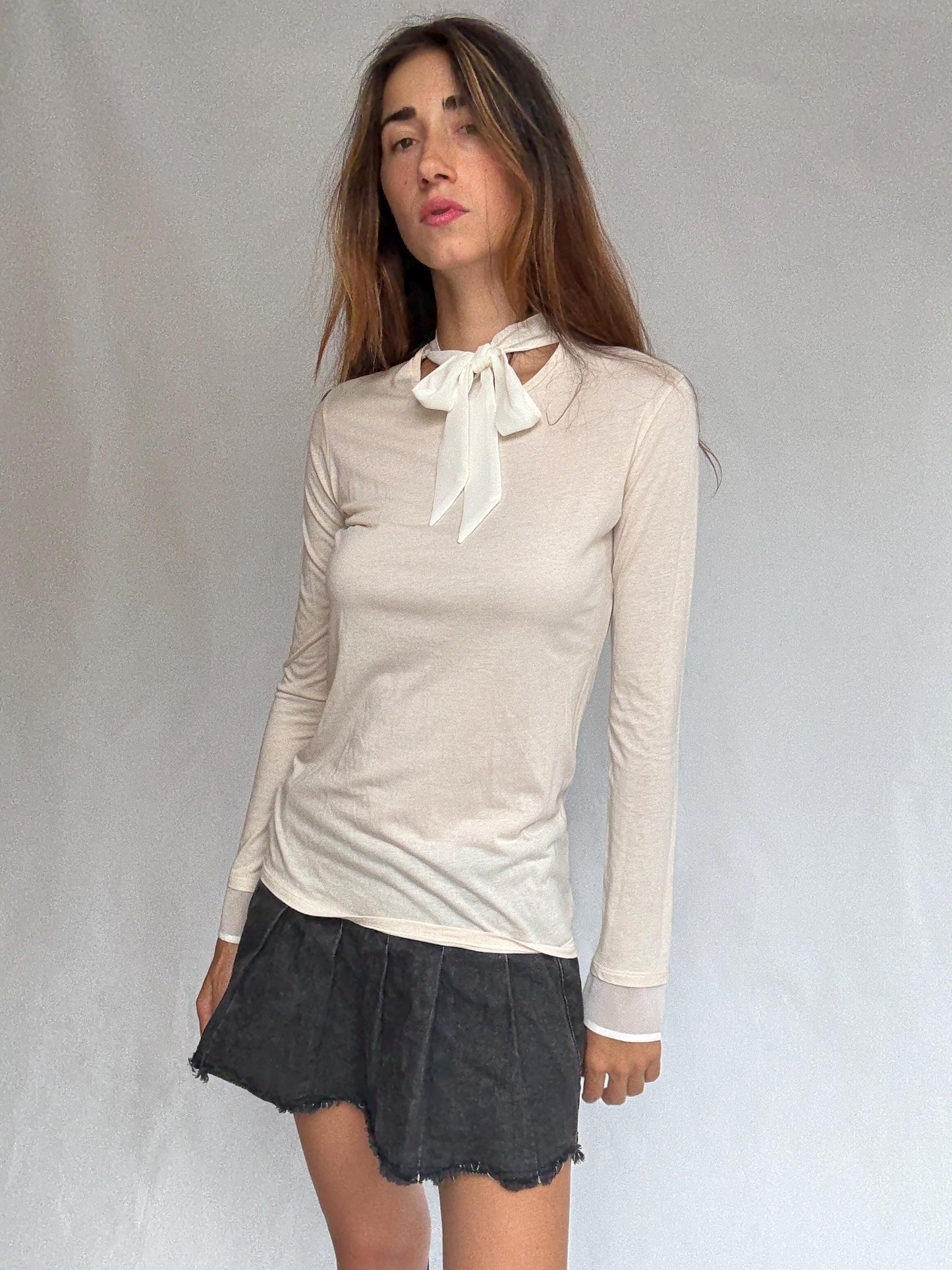 Soft Girl Dream Tie-Neck Tee | Sisley Modal Cotton Long Sleeve | Coquette Balletcore Layer | Size S