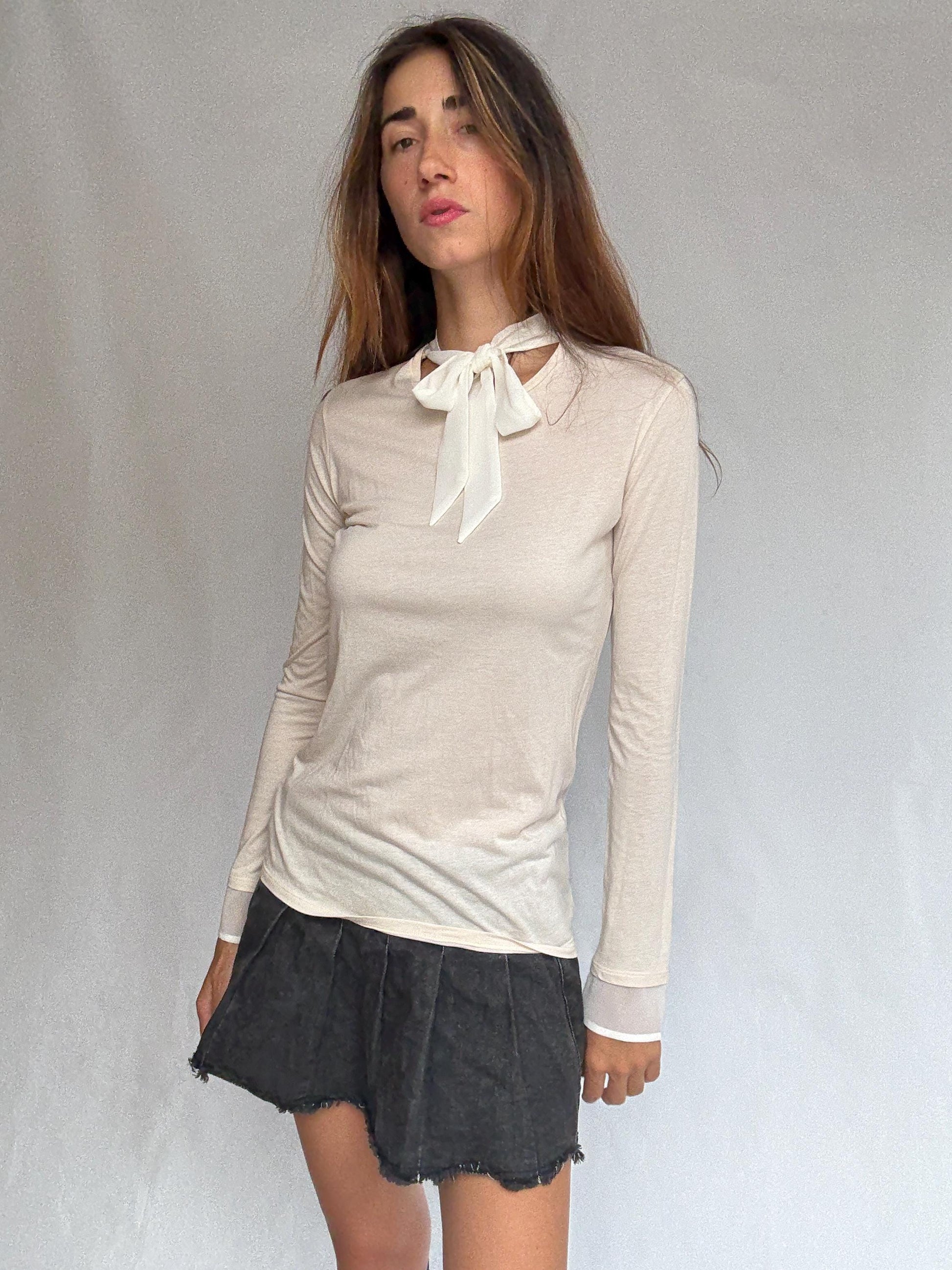 Soft Girl Dream Tie-Neck Tee | Sisley Modal Cotton Long Sleeve | Coquette Balletcore Layer | Size S