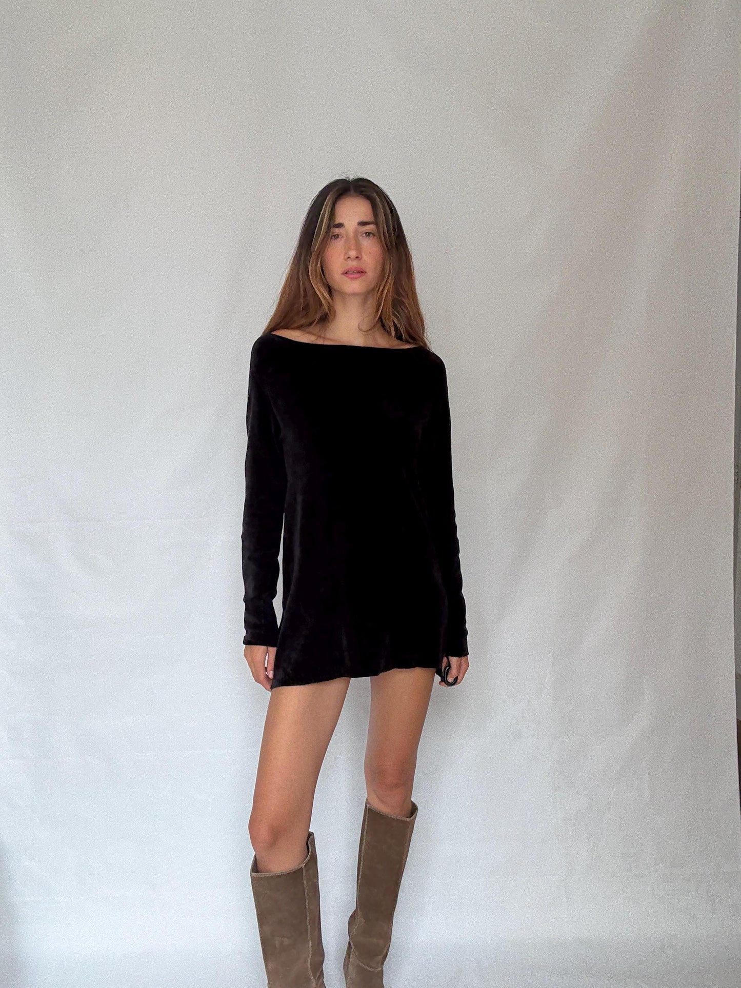 Guess Los Angeles Black Long Sleeve Mini Dress, Sexy Soft Stretch elegant black straight neck pullover, Designer clothing, Size M