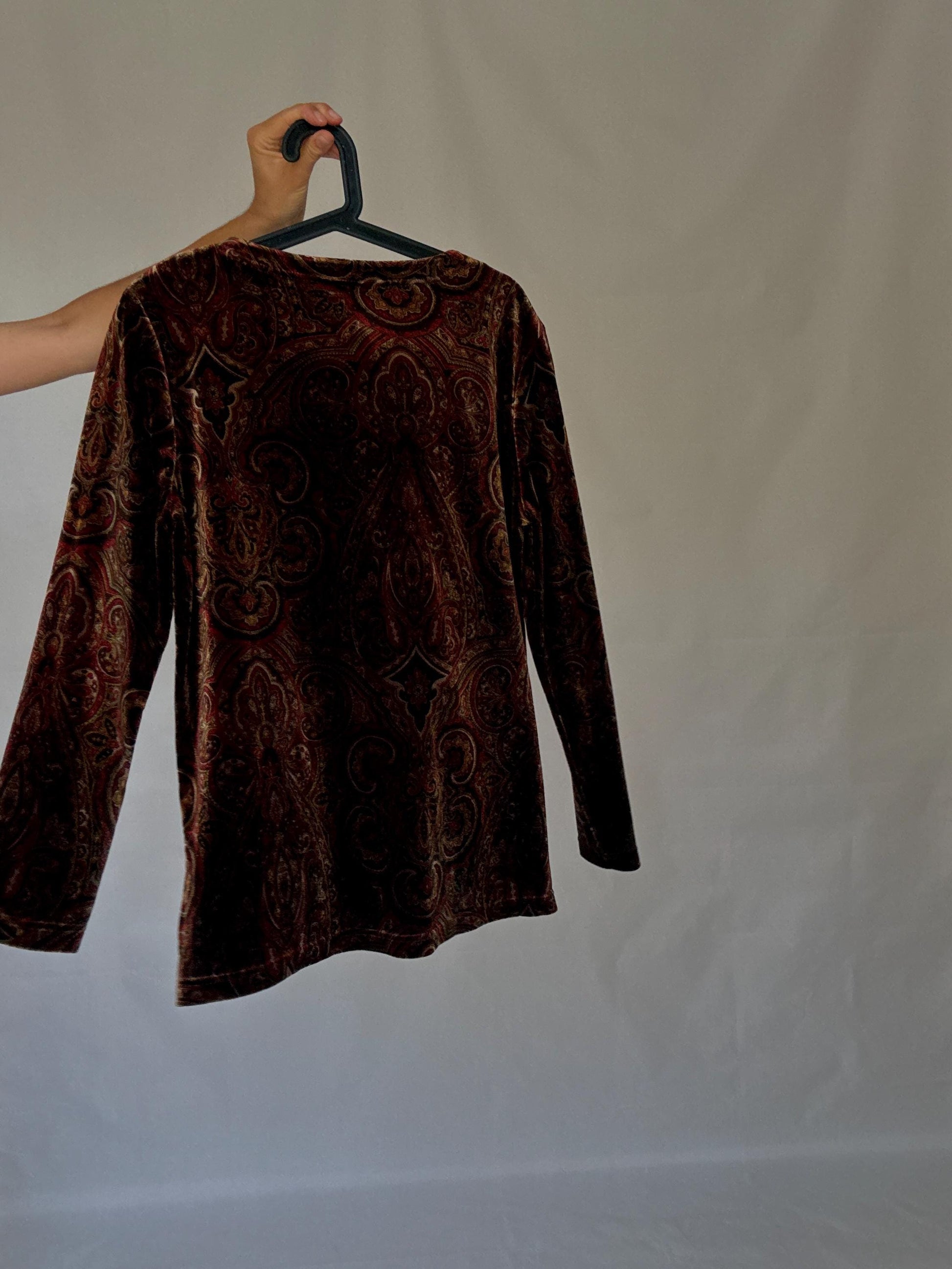 Vintage Rafaella Velvet Two Piece Set | Red Elastic Waist Pants & Patterned Long Sleeve Top | Fits M-L | Soft 90s Retro Loungewear