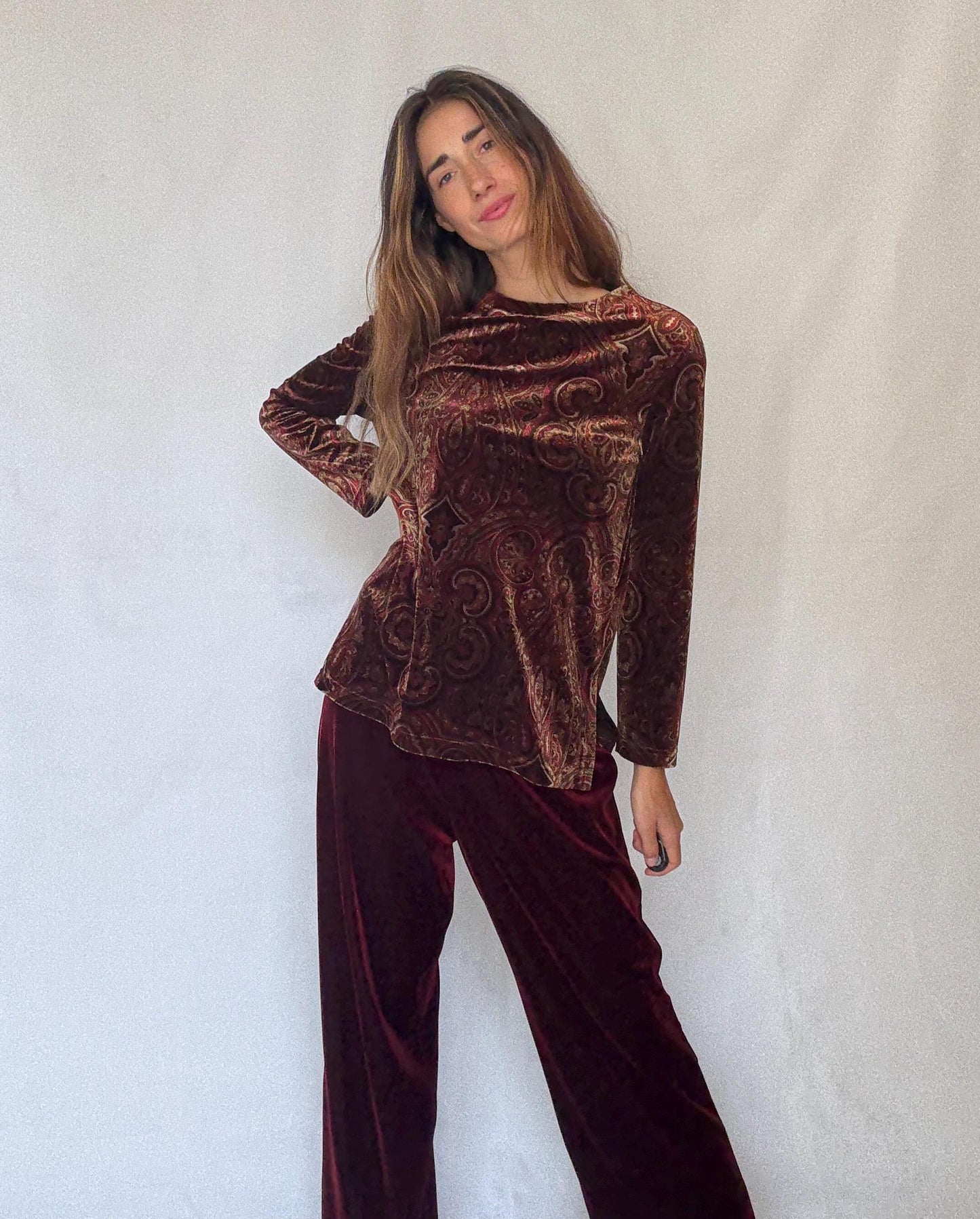 Vintage Rafaella Velvet Two Piece Set | Red Elastic Waist Pants & Patterned Long Sleeve Top | Fits M-L | Soft 90s Retro Loungewear