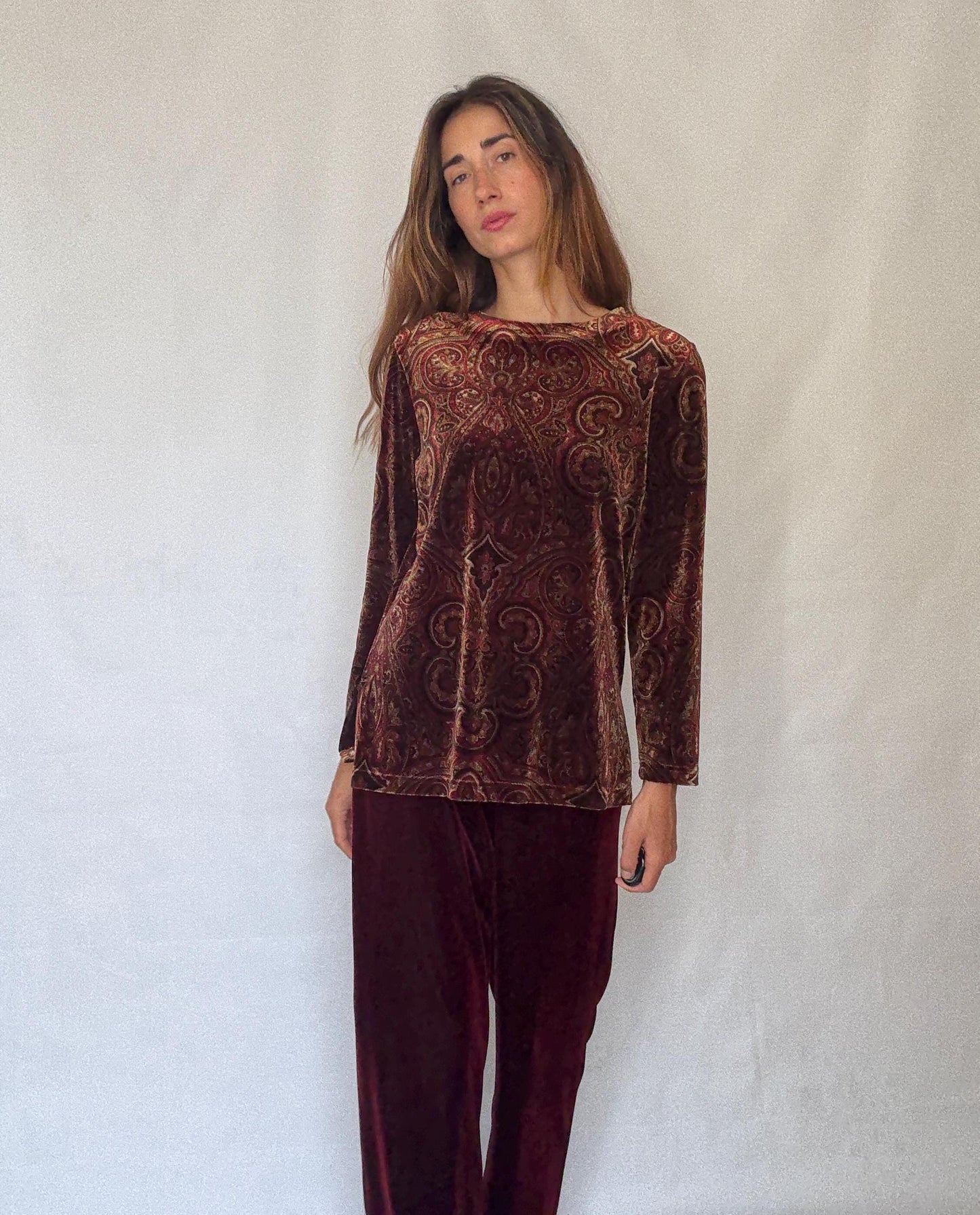 Vintage Rafaella Velvet Two Piece Set | Red Elastic Waist Pants & Patterned Long Sleeve Top | Fits M-L | Soft 90s Retro Loungewear