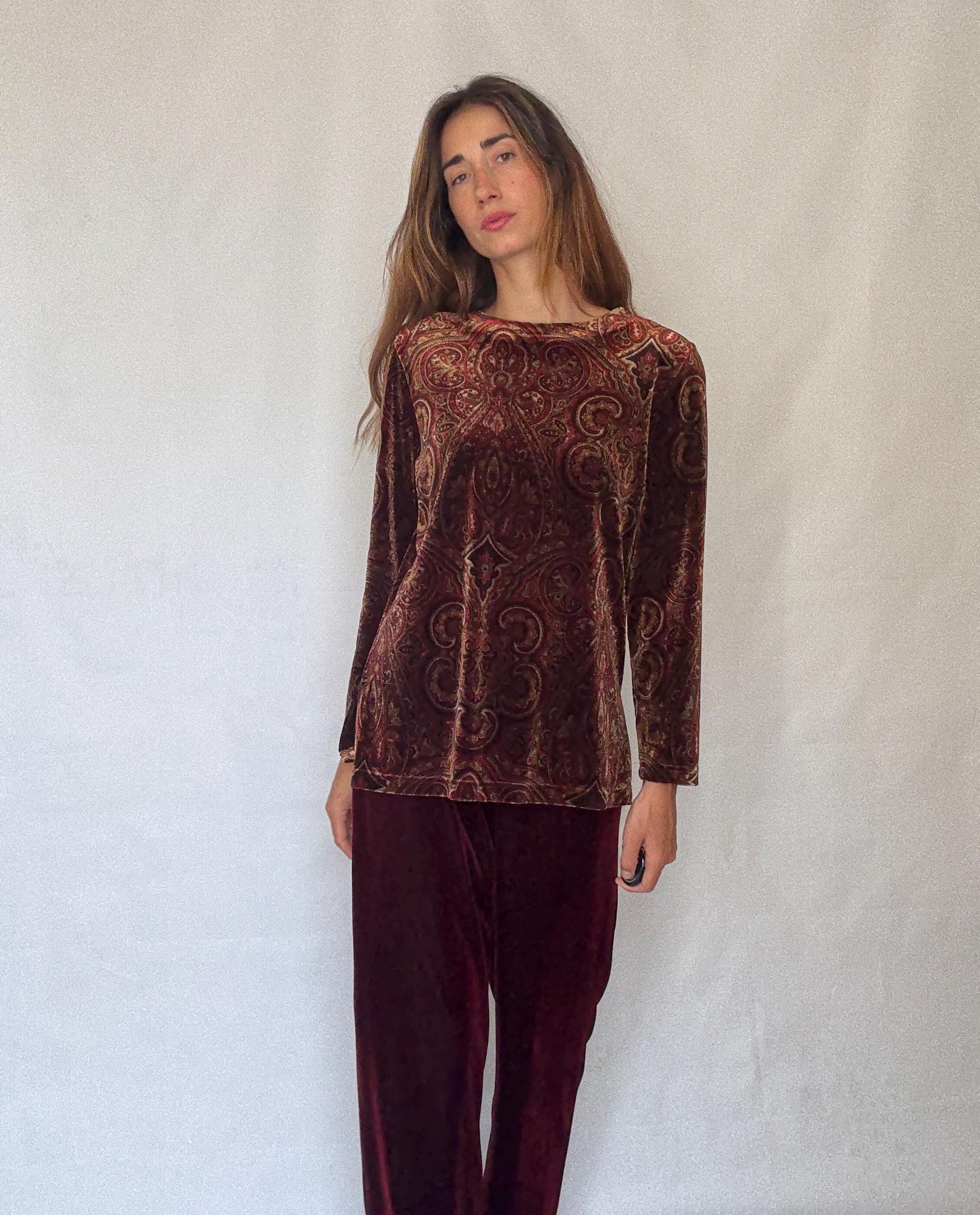 Vintage Rafaella Velvet Two Piece Set | Red Elastic Waist Pants & Patterned Long Sleeve Top | Fits M-L | Soft 90s Retro Loungewear