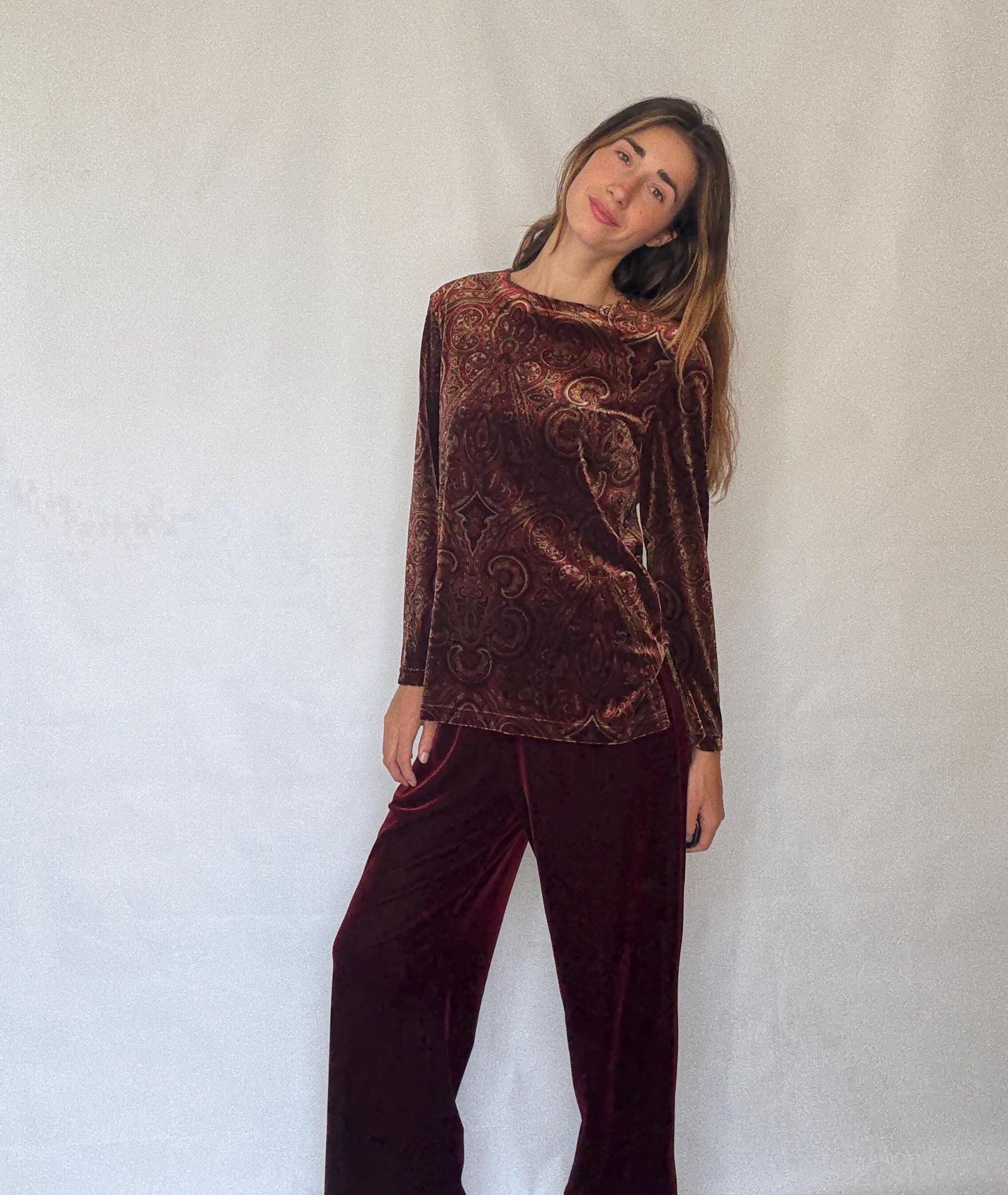 Vintage Rafaella Velvet Two Piece Set | Red Elastic Waist Pants & Patterned Long Sleeve Top | Fits M-L | Soft 90s Retro Loungewear