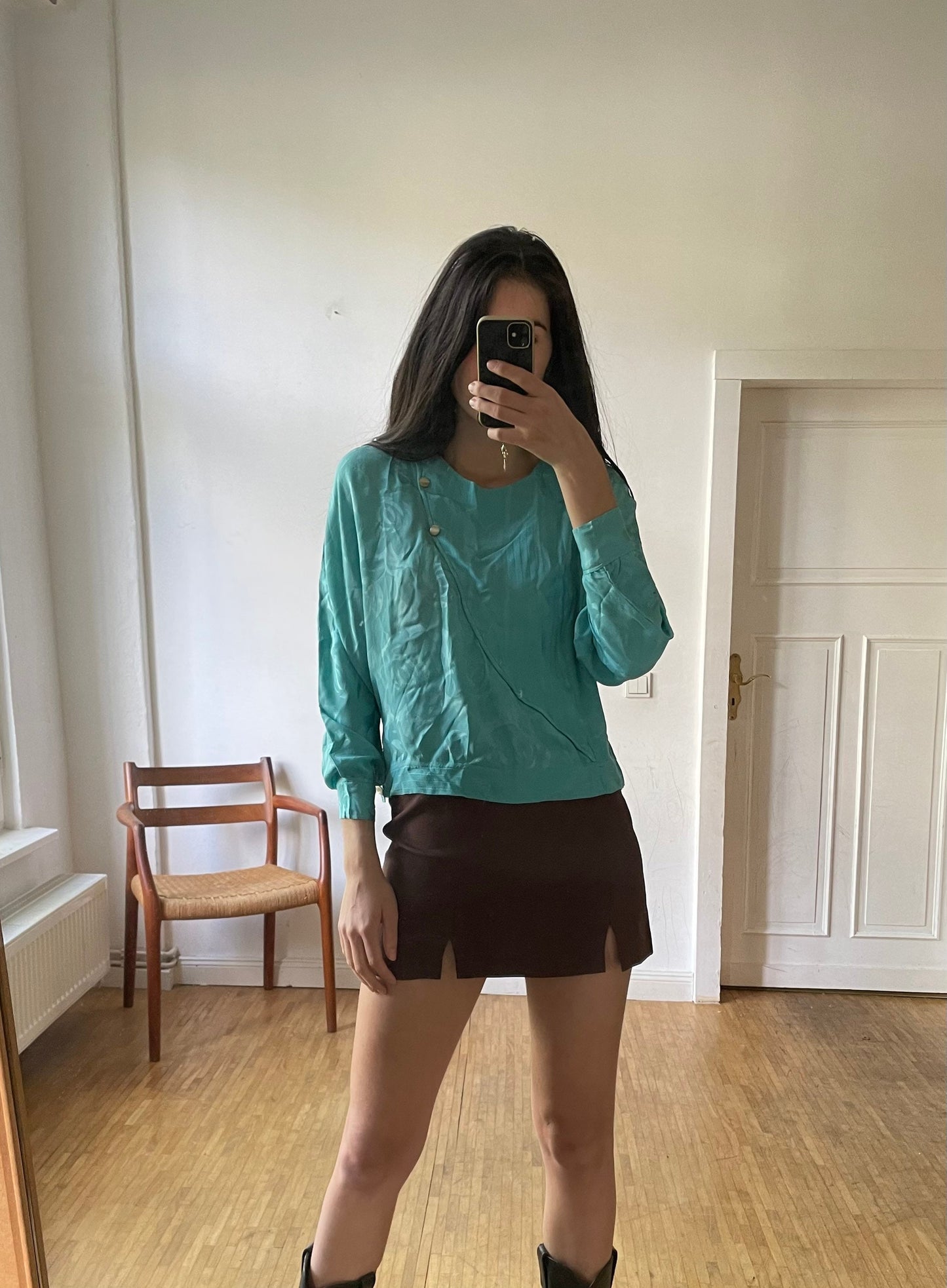 Silk petrol blouse, Green blue vintage top, Retro women's shirt, Turquoise long sleeve woman blouse, Secretary frill blouse, M