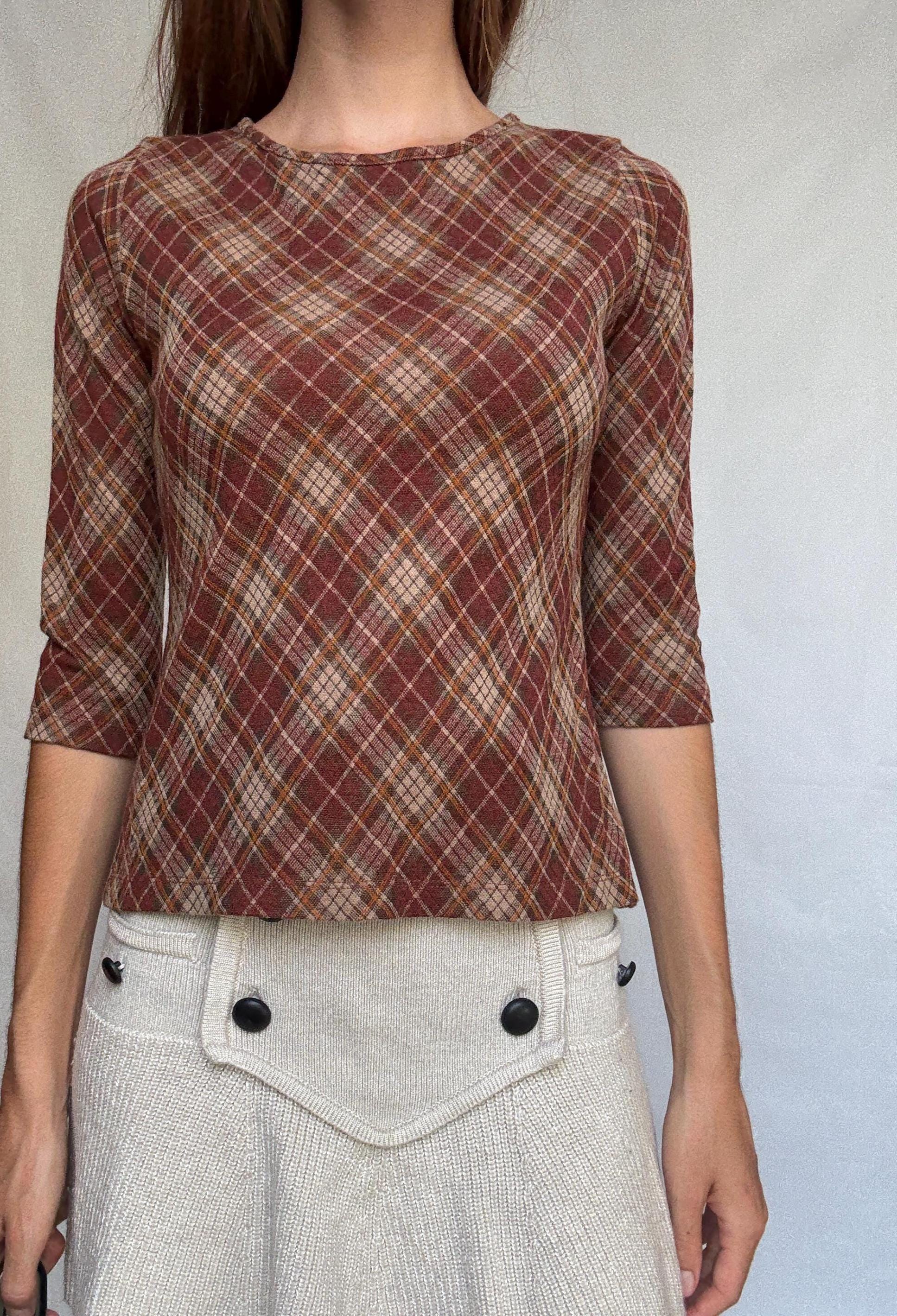 Vintage Burberry Plaid Top | 90s Brown Wool Blend Check Shirt | Cozy Academia Autumn Look, Size XS - S