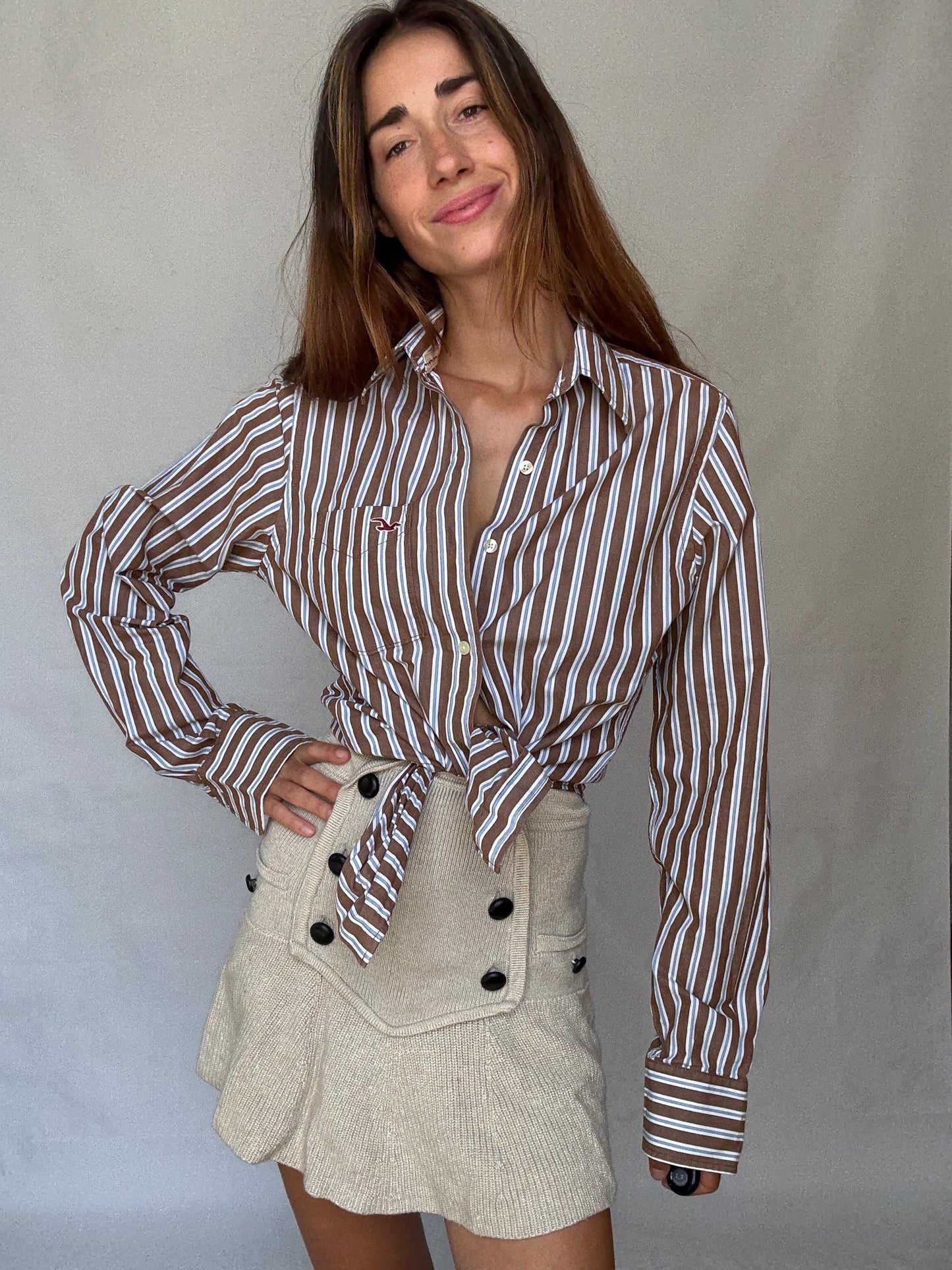 Boyfriend button up shirt, Hollister California Striped Cotton Shirt | Brown Blue White | Size S Menswear | Oversized Boyfriend Unisex Fit