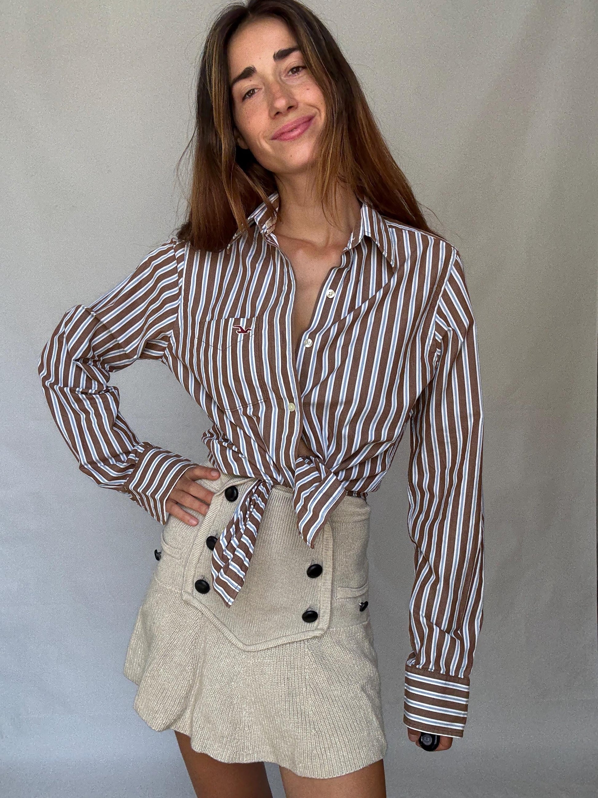 Boyfriend button up shirt, Hollister California Striped Cotton Shirt | Brown Blue White | Size S Menswear | Oversized Boyfriend Unisex Fit