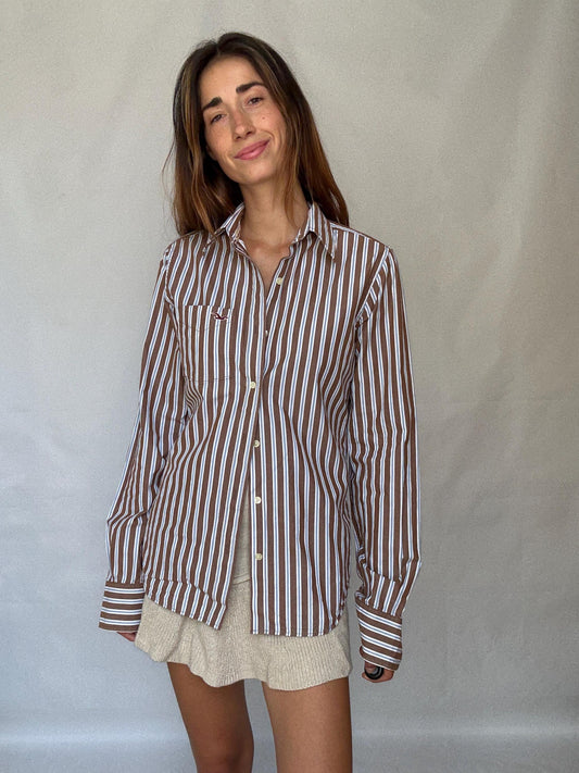 Boyfriend button up shirt, Hollister California Striped Cotton Shirt | Brown Blue White | Size S Menswear | Oversized Boyfriend Unisex Fit