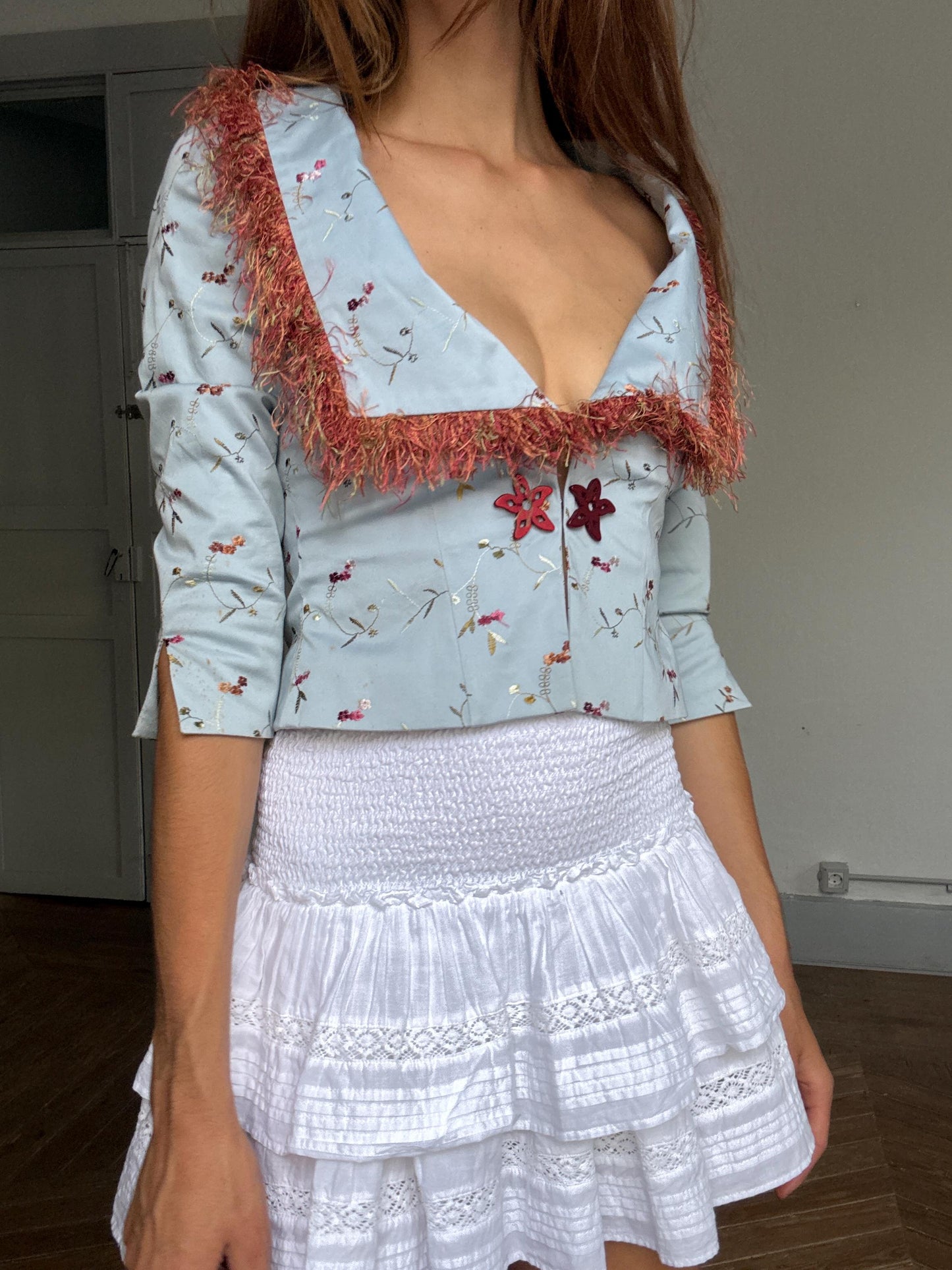 Rare Ogadenia Díaz baby blue cropped jacket with floral embroidery & rust trim – likely silk – fits XS-S – Canary Islands couture