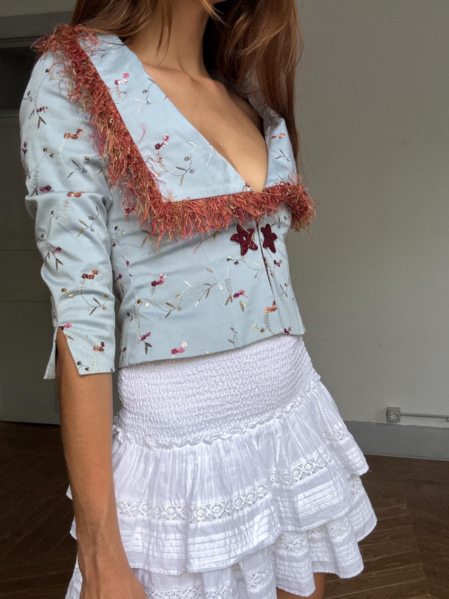 Rare Ogadenia Díaz baby blue cropped jacket with floral embroidery & rust trim – likely silk – fits XS-S – Canary Islands couture