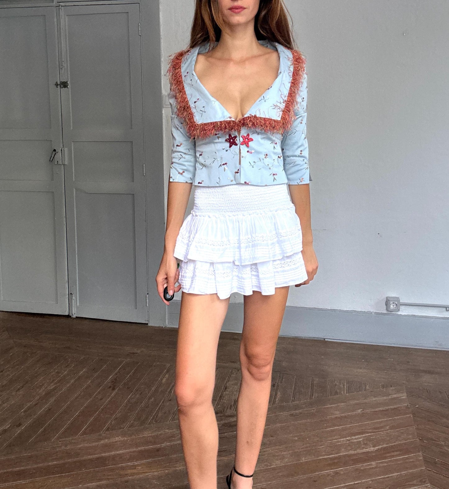 Rare Ogadenia Díaz baby blue cropped jacket with floral embroidery & rust trim – likely silk – fits XS-S – Canary Islands couture