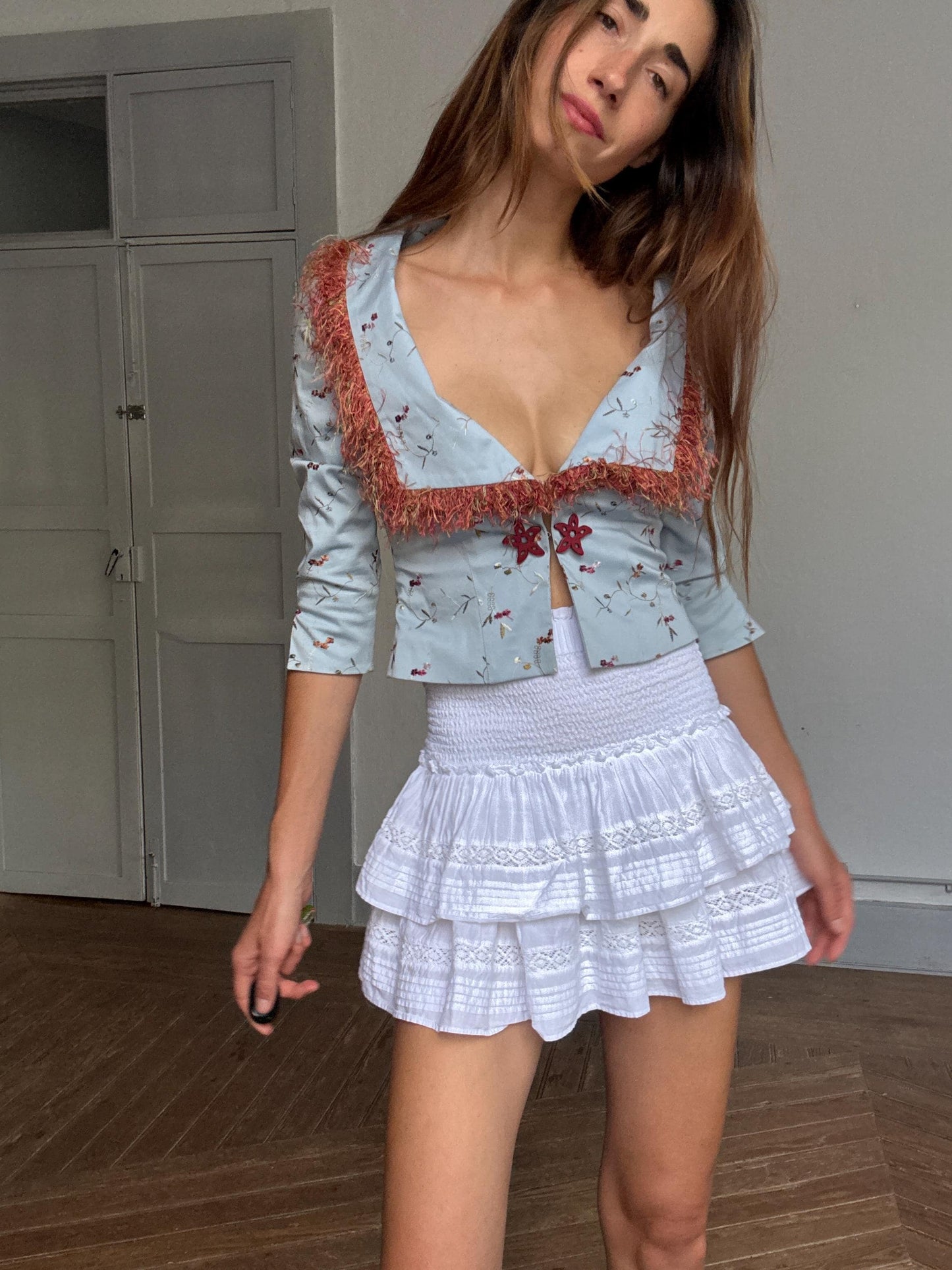 Rare Ogadenia Díaz baby blue cropped jacket with floral embroidery & rust trim – likely silk – fits XS-S – Canary Islands couture