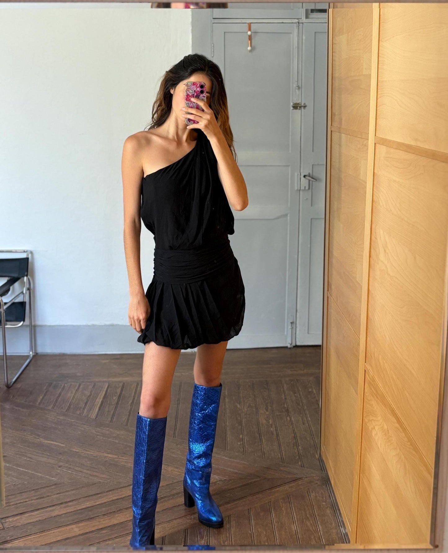 Gorgeous black one - shoulder mini dress, Luxe Vintage 100% silk black short dres, Luxury designer clothing, size 40