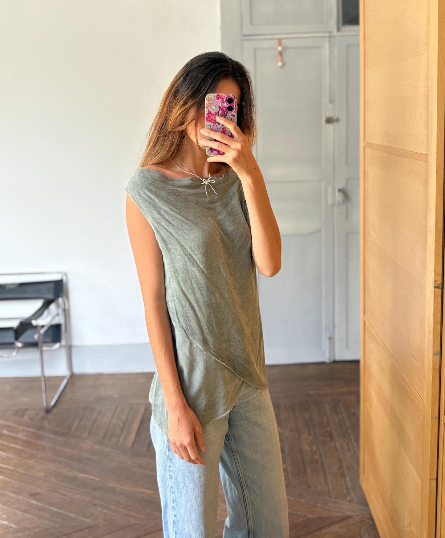 Vintage luxury made in Italy draped camisole top, Light grey elegant summer minimal camisole, Super soft shirt