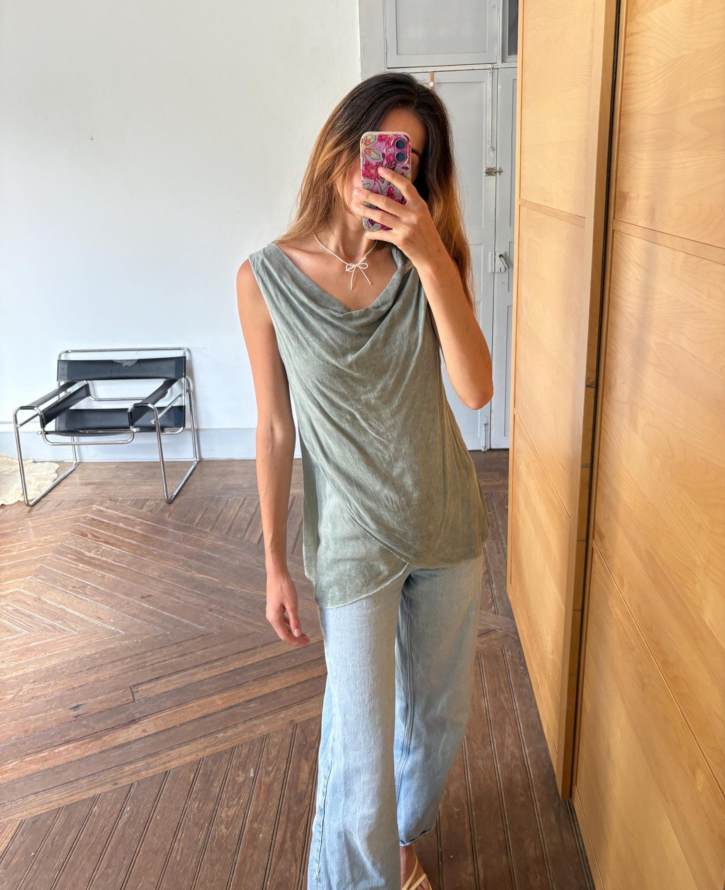 Vintage luxury made in Italy draped camisole top, Light grey elegant summer minimal camisole, Super soft shirt