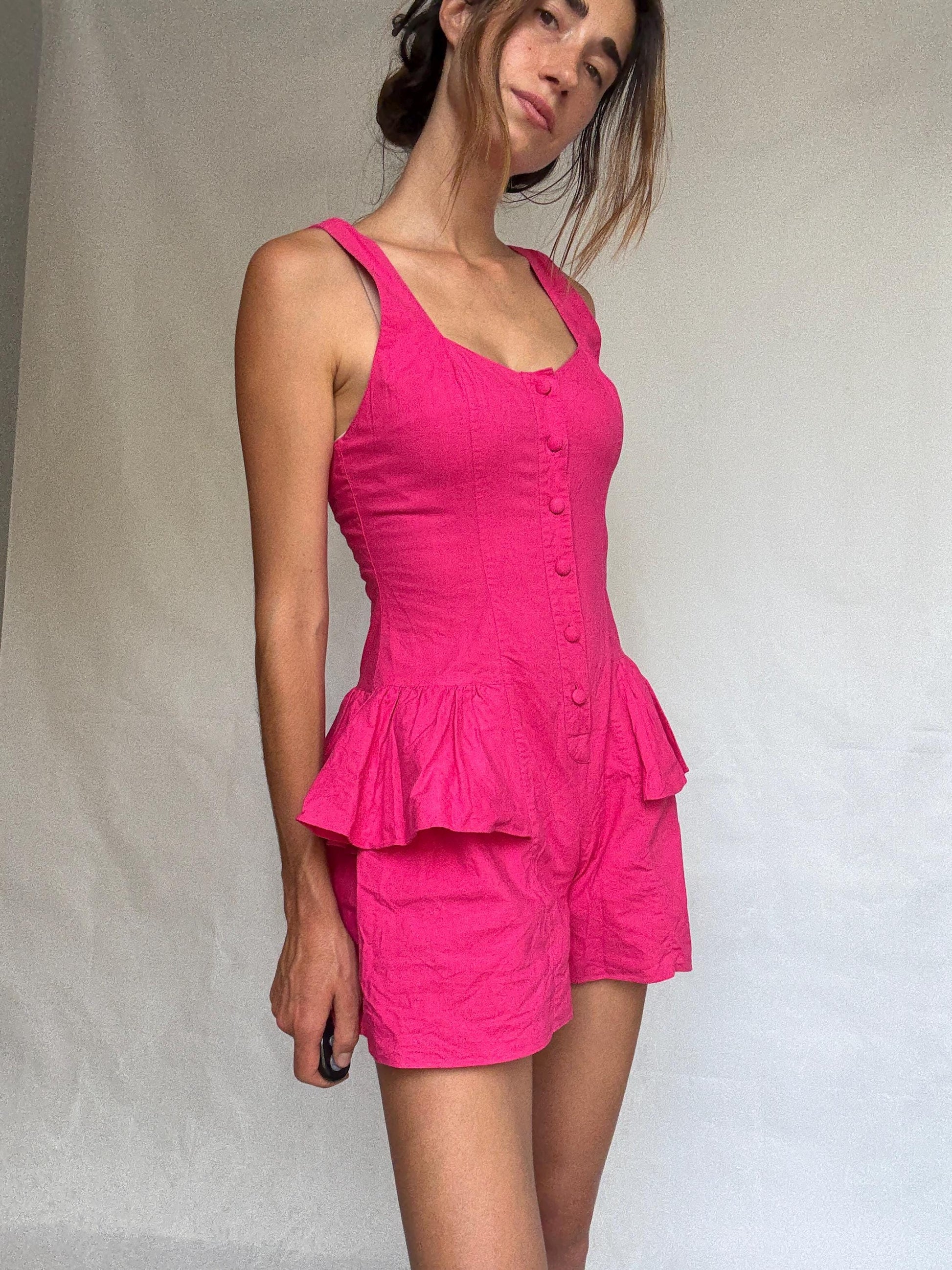 Vintage vibrant pink cotton jumpsuit – rare 80s/90s design – size M (fits S)