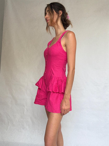 Vintage Pink Cotton Jumpsuit - Rare 80s/90s — fabric close-up