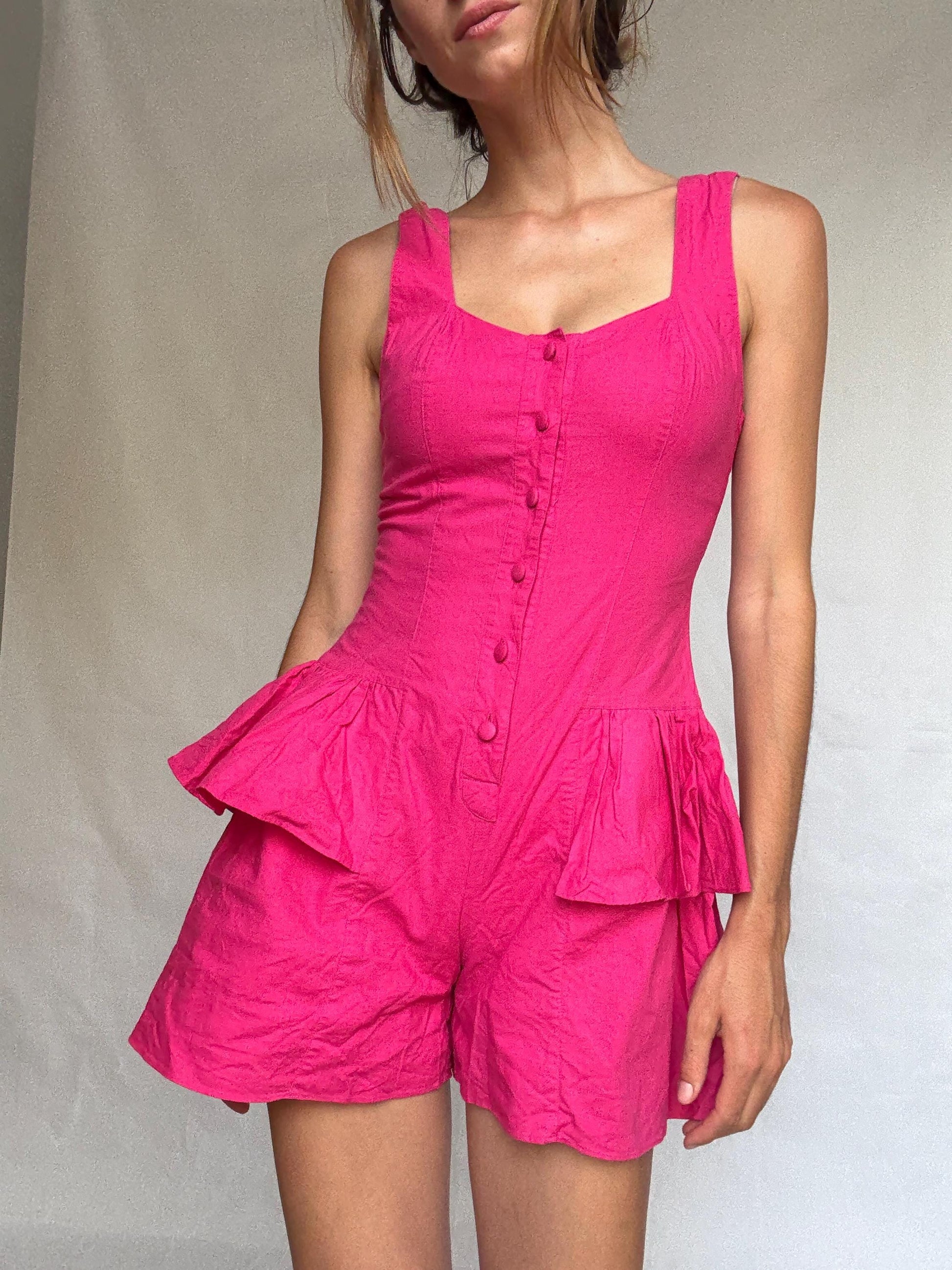 Vintage vibrant pink cotton jumpsuit – rare 80s/90s design – size M (fits S)