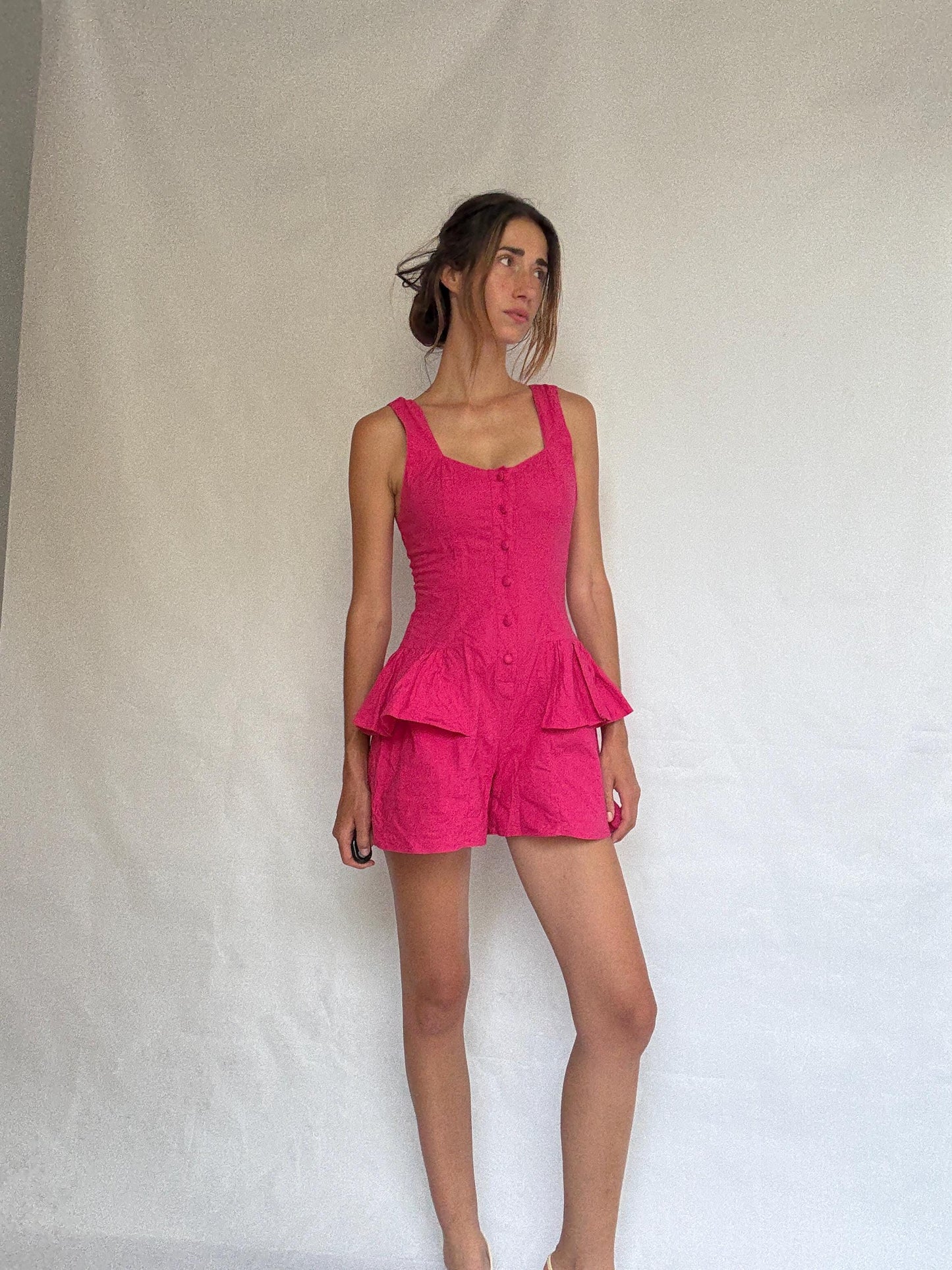 Vintage vibrant pink cotton jumpsuit – rare 80s/90s design – size M (fits S)