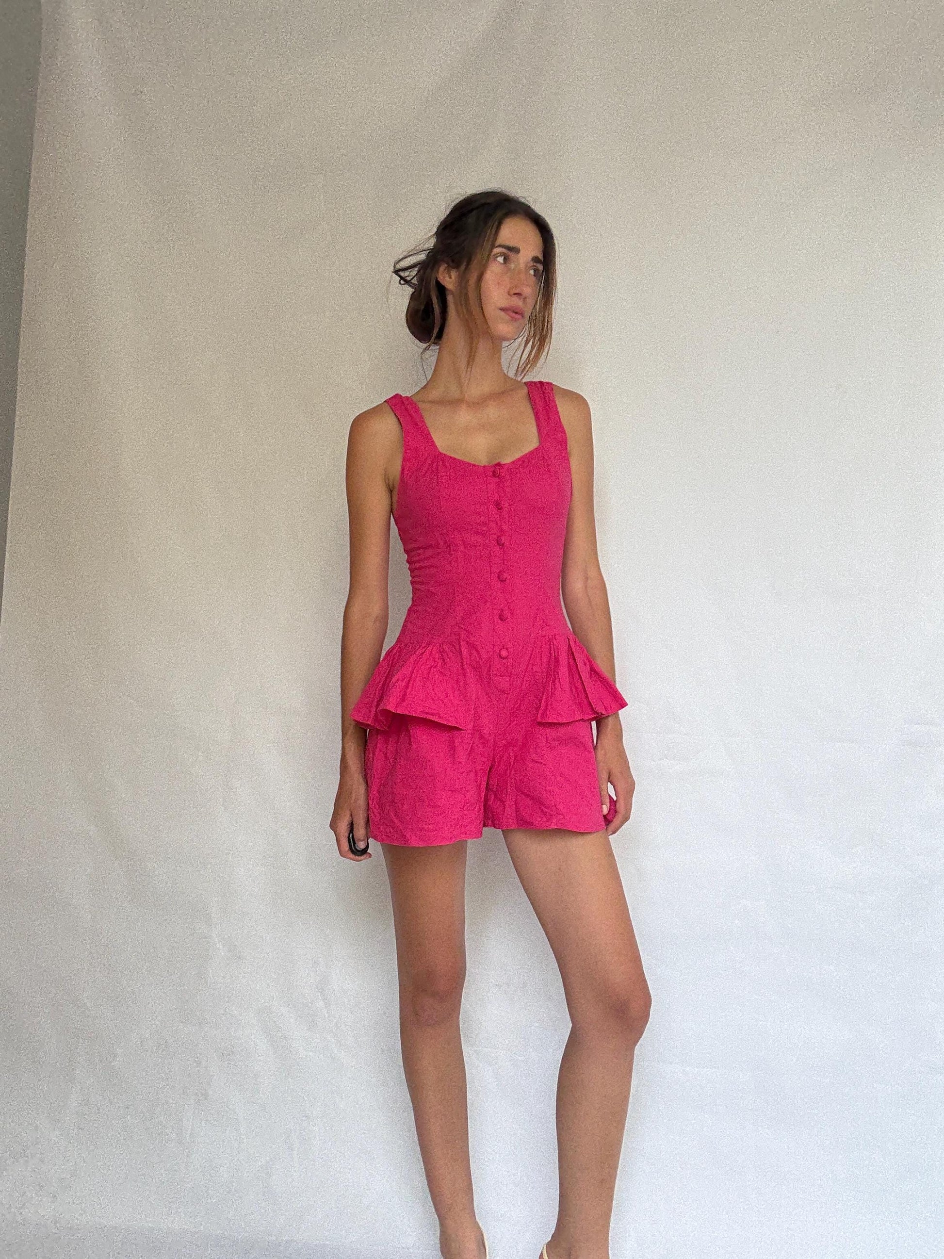 Vintage vibrant pink cotton jumpsuit – rare 80s/90s design – size M (fits S)