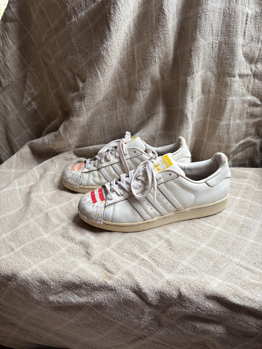 Vintage Adidas x Pharrell Williams sneakers, Flower printed sport shoes, Red - orange - yellow and white leather trainers, Size 44 - USA 10