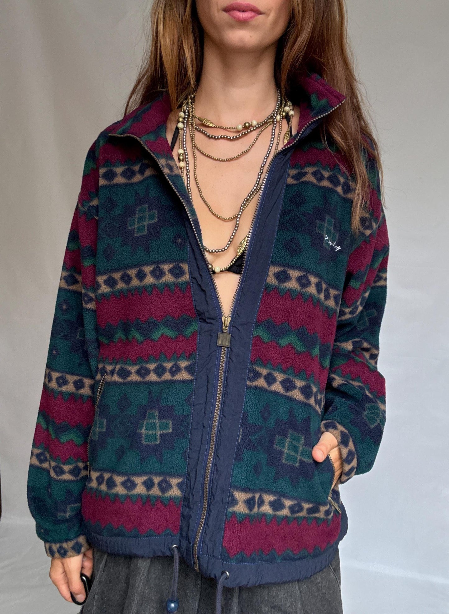 Retro Randy Fleece Jacket | Vintage Aztec Pattern Zip-Up | Cozy Unisex Ski Lodge Style, Size L