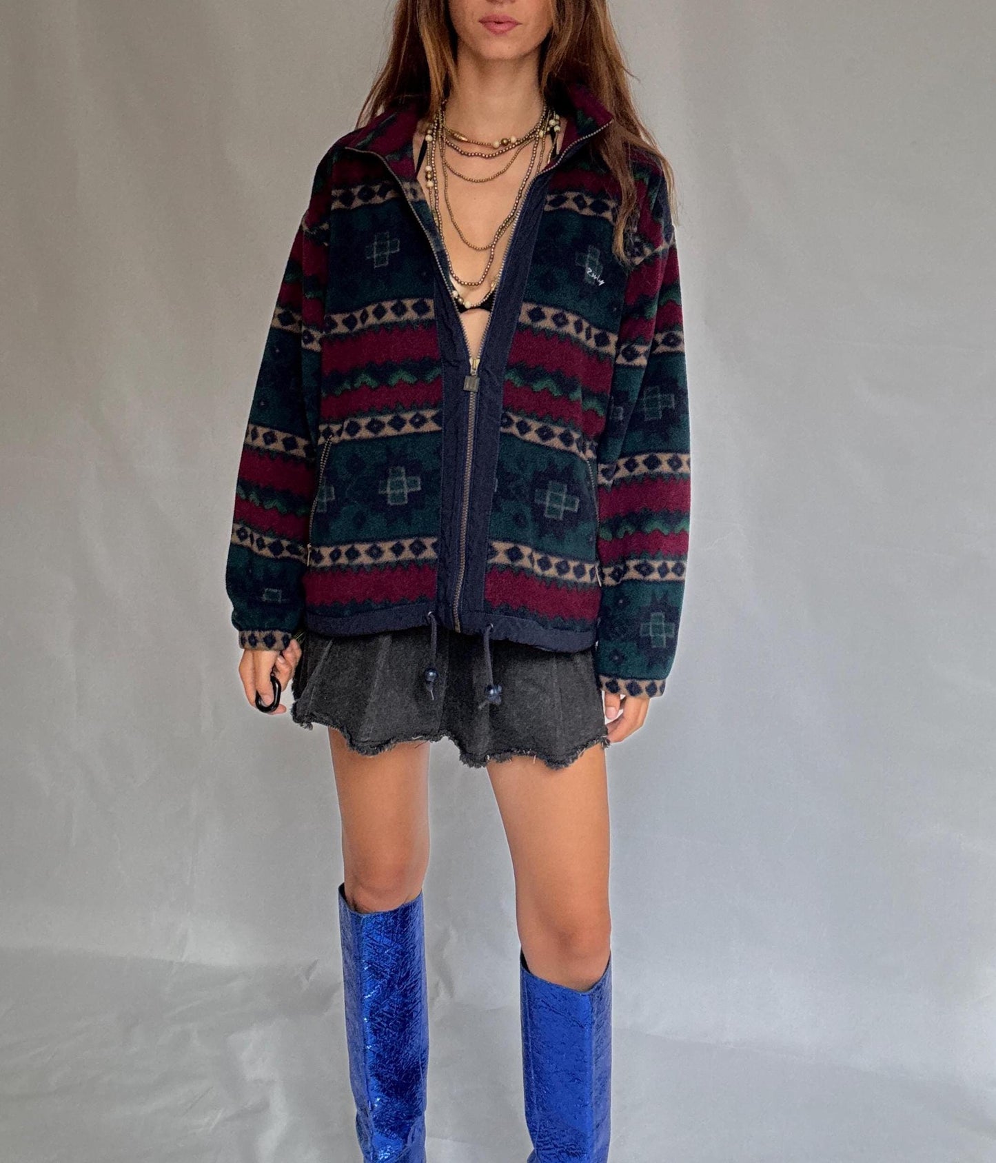 Retro Randy Fleece Jacket | Vintage Aztec Pattern Zip-Up | Cozy Unisex Ski Lodge Style, Size L