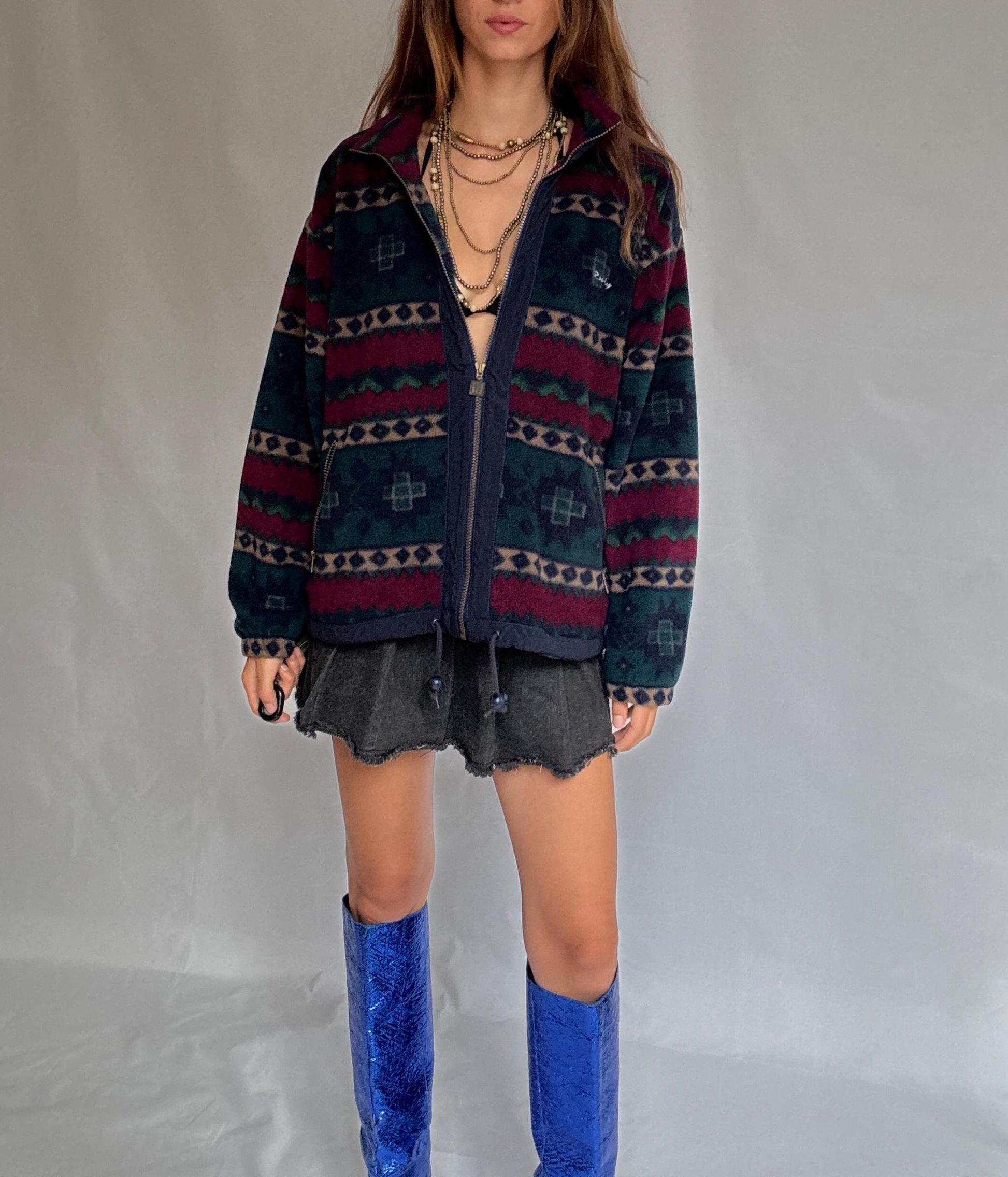 Retro Randy Fleece Jacket | Vintage Aztec Pattern Zip-Up | Cozy Unisex Ski Lodge Style, Size L
