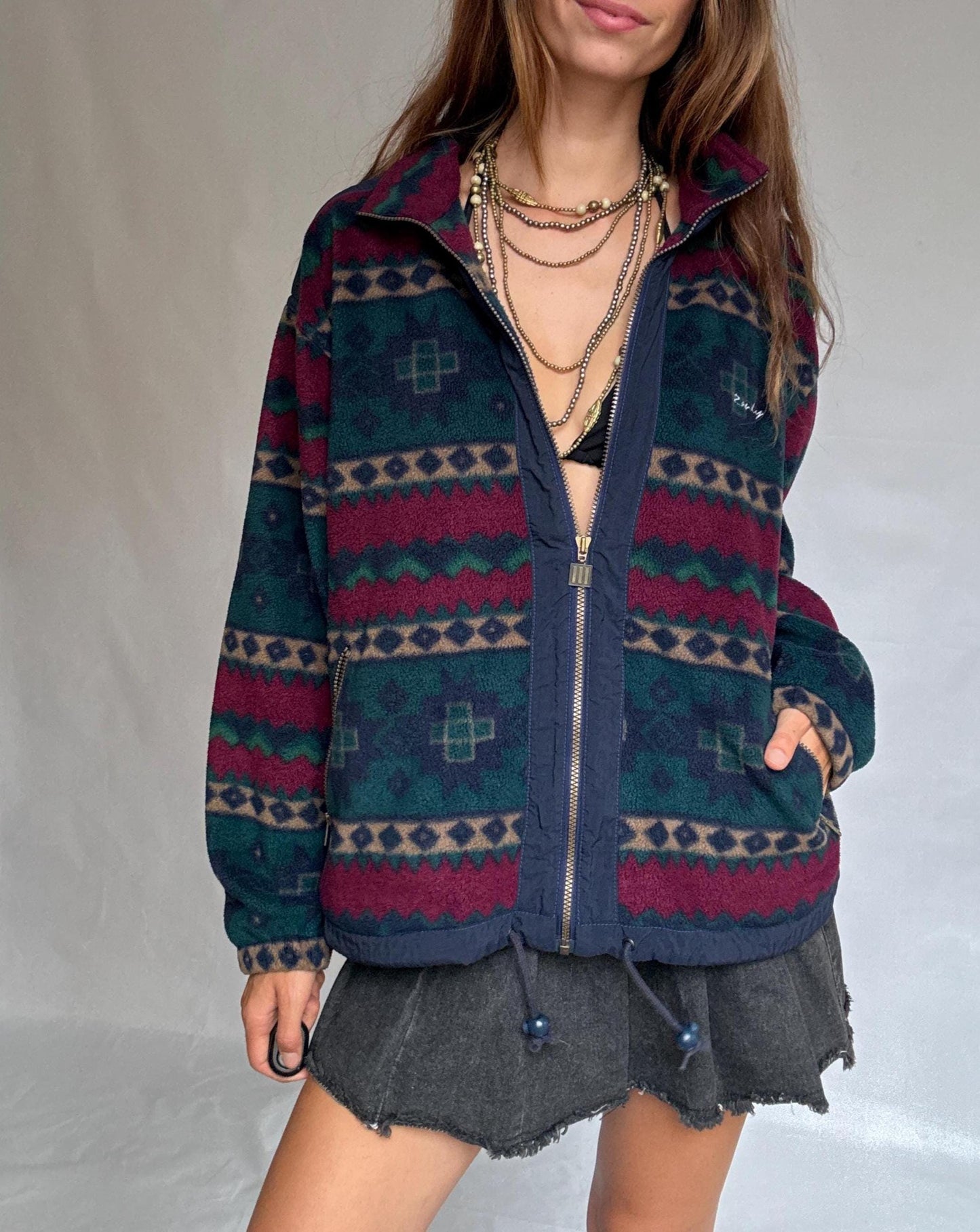 Retro Randy Fleece Jacket | Vintage Aztec Pattern Zip-Up | Cozy Unisex Ski Lodge Style, Size L