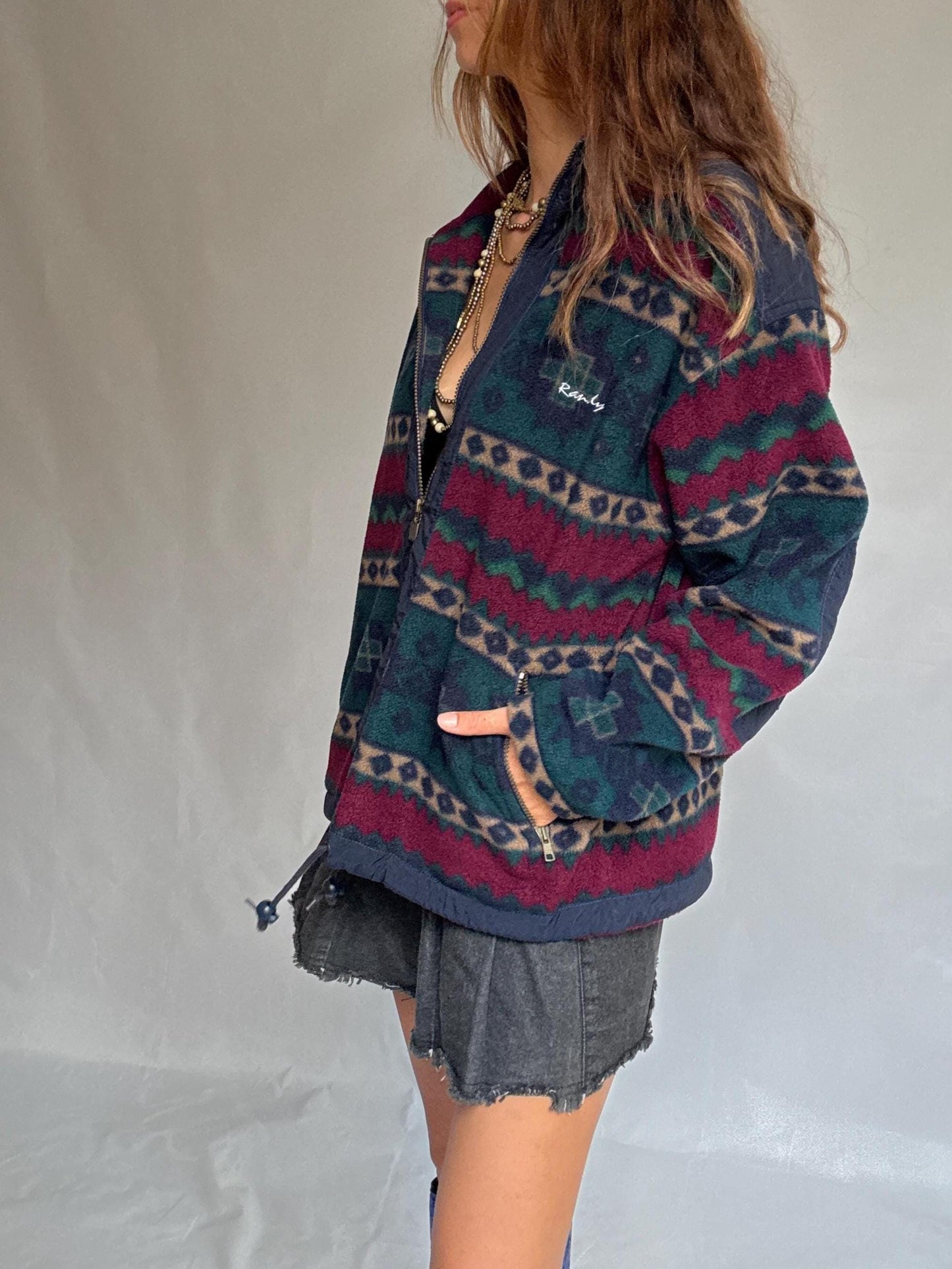 Retro Randy Fleece Jacket | Vintage Aztec Pattern Zip-Up | Cozy Unisex Ski Lodge Style, Size L