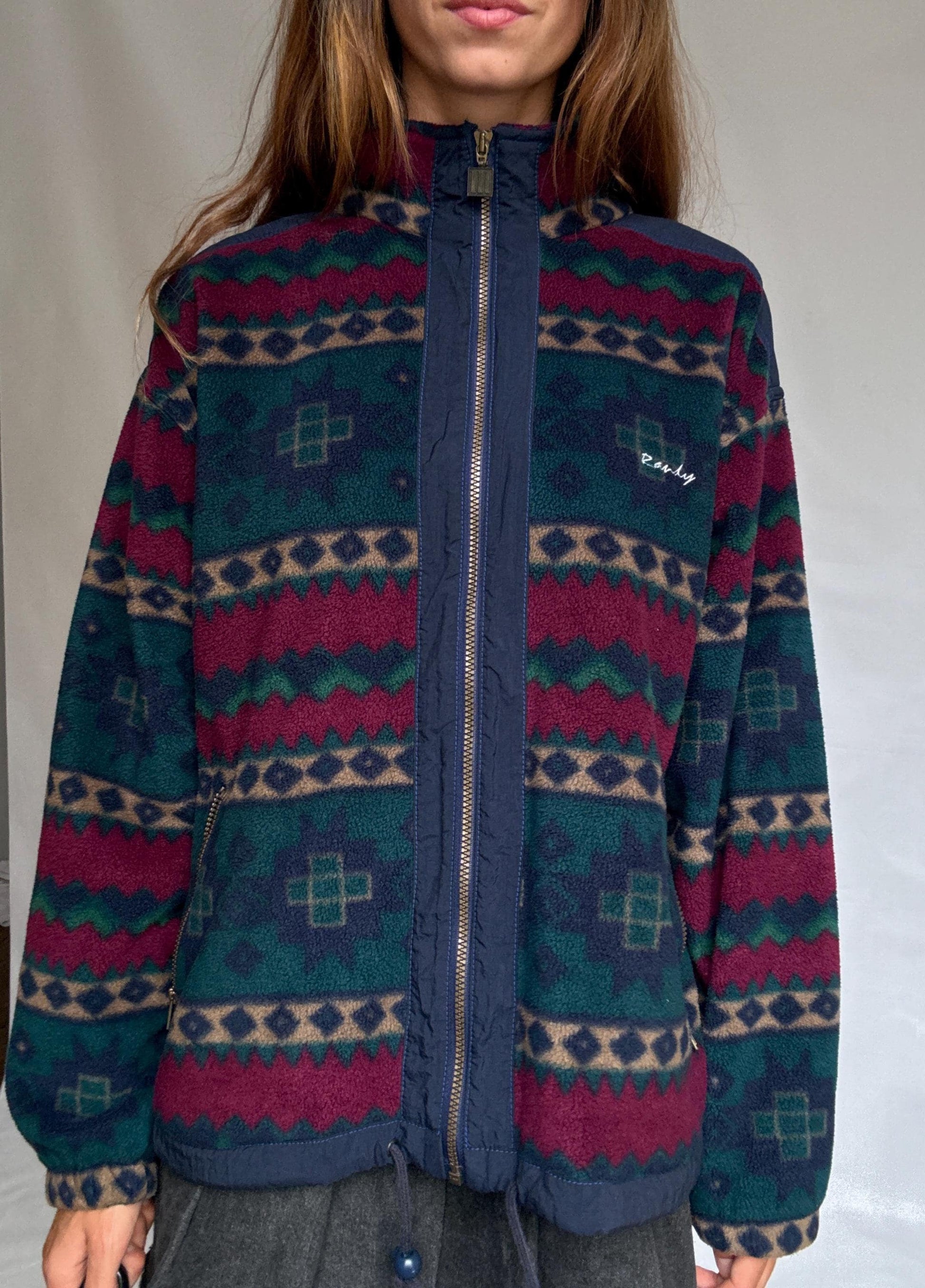 Retro Randy Fleece Jacket | Vintage Aztec Pattern Zip-Up | Cozy Unisex Ski Lodge Style, Size L