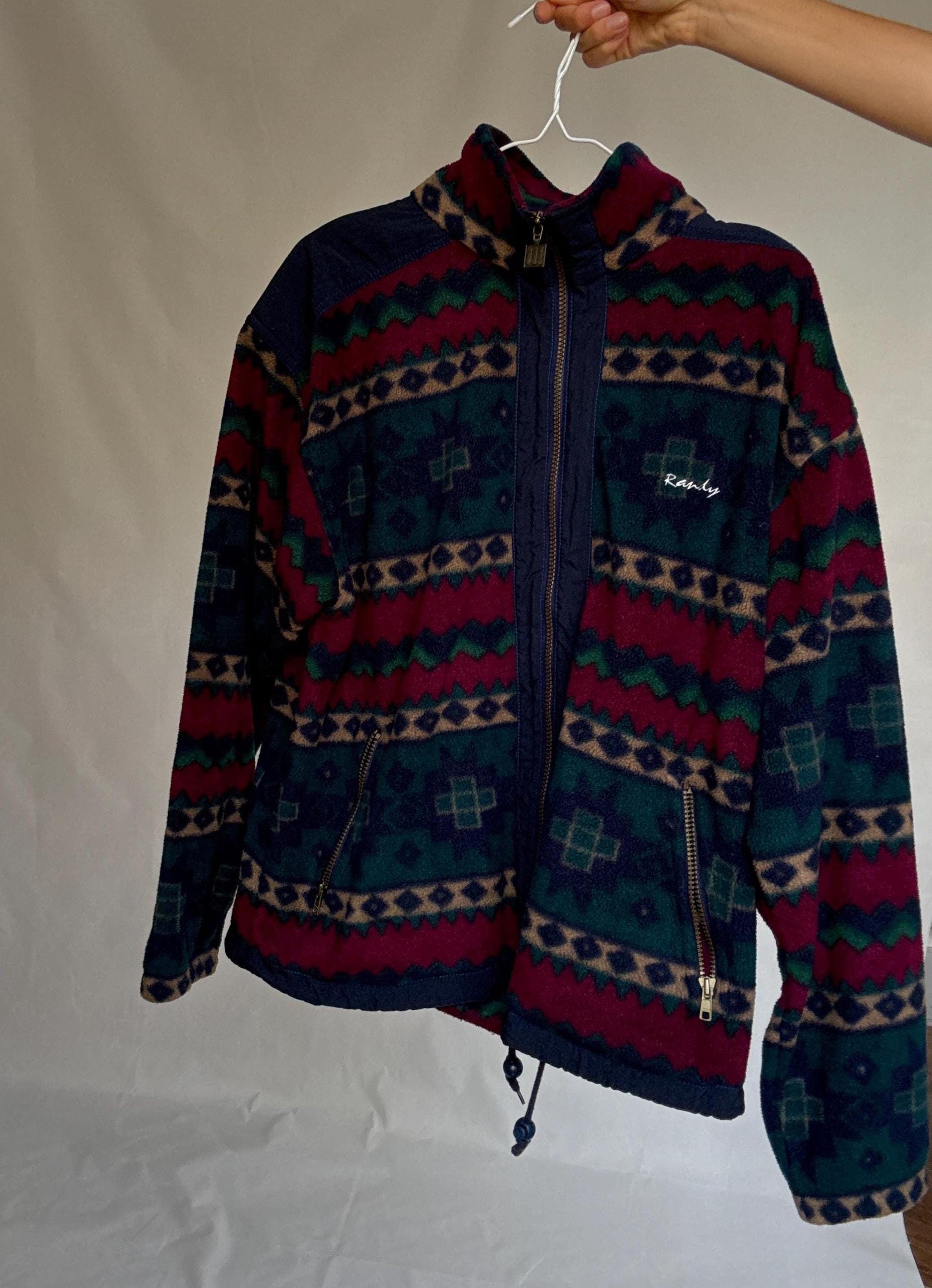 Retro Randy Fleece Jacket | Vintage Aztec Pattern Zip-Up | Cozy Unisex Ski Lodge Style, Size L