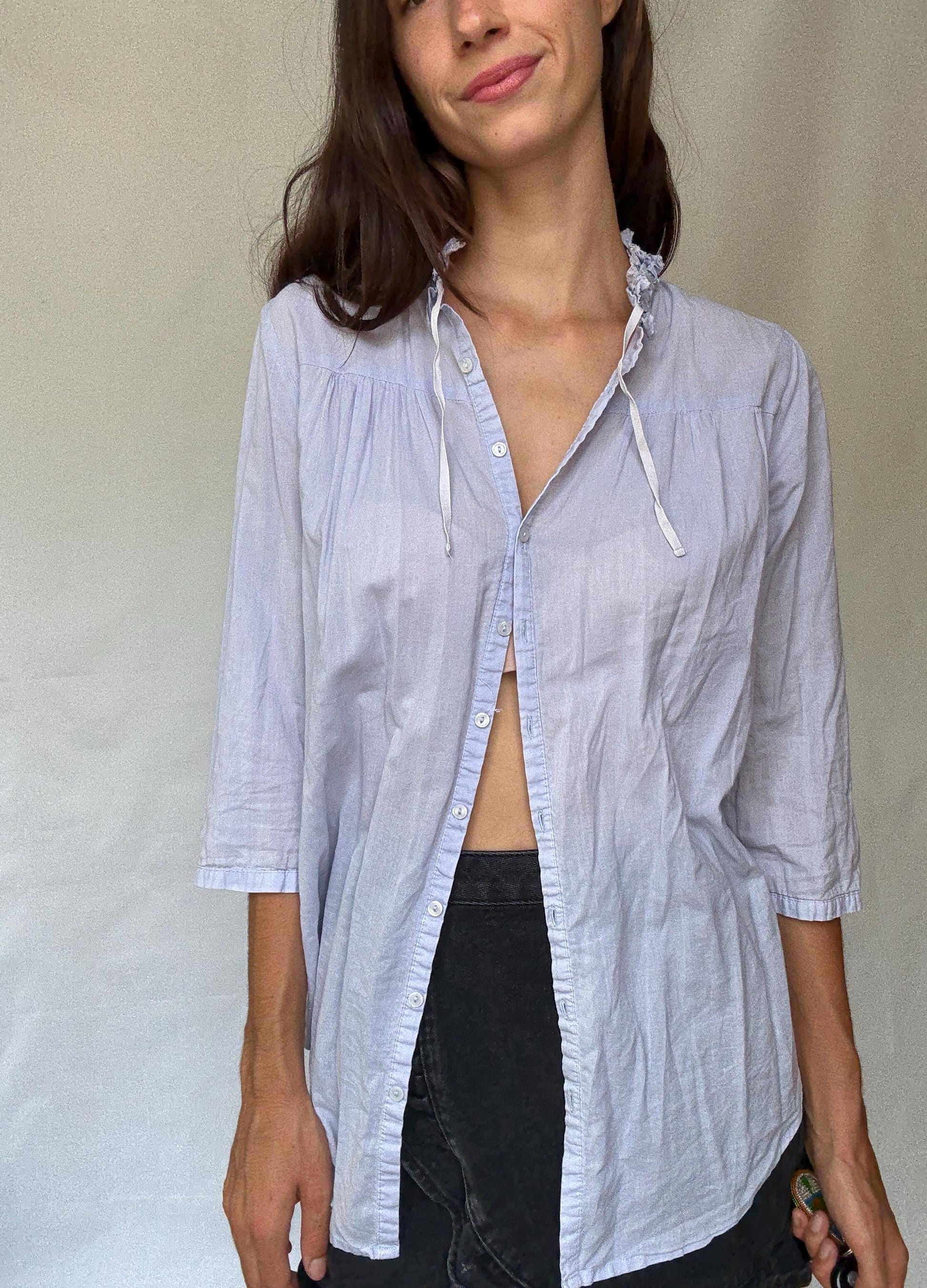 Light blue sheer cotton blouse | tie neckline ruffle detail | summer lightweight shirt | romantic feminine style secondhand top