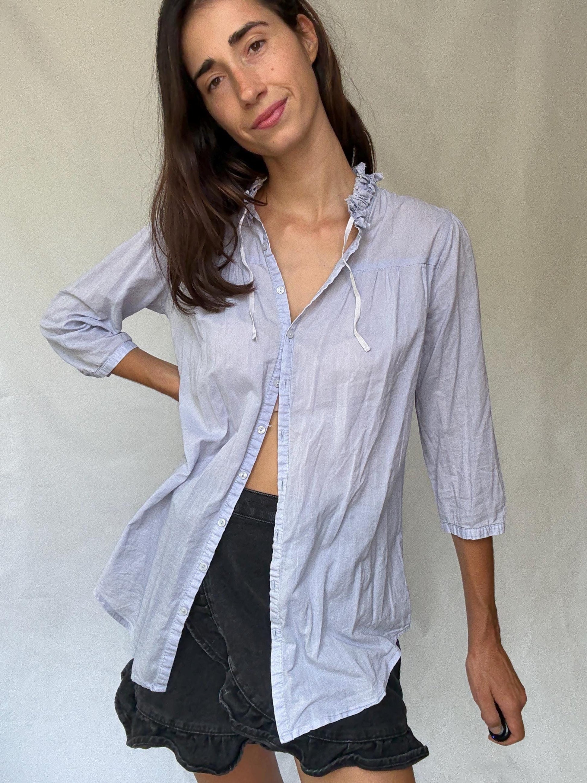 Light blue sheer cotton blouse | tie neckline ruffle detail | summer lightweight shirt | romantic feminine style secondhand top