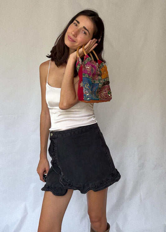 Colorful boho sequin handbag | bamboo top handle festival purse | embroidered patchwork bag | summer gypsy hippie style accessory