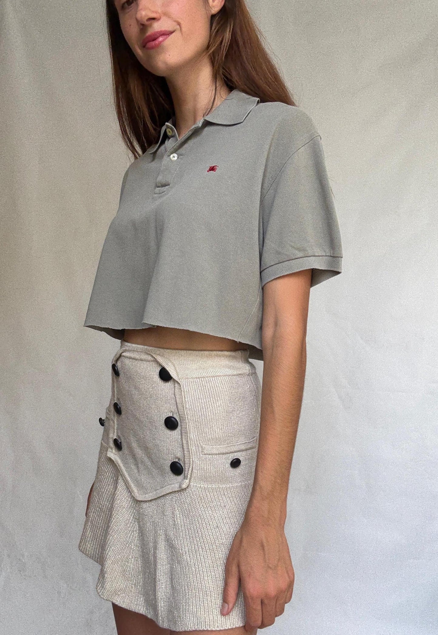 Vintage Burberry cropped polo shirt – olive green short sleeve logo top with collar and button placket – Burberry London size 5