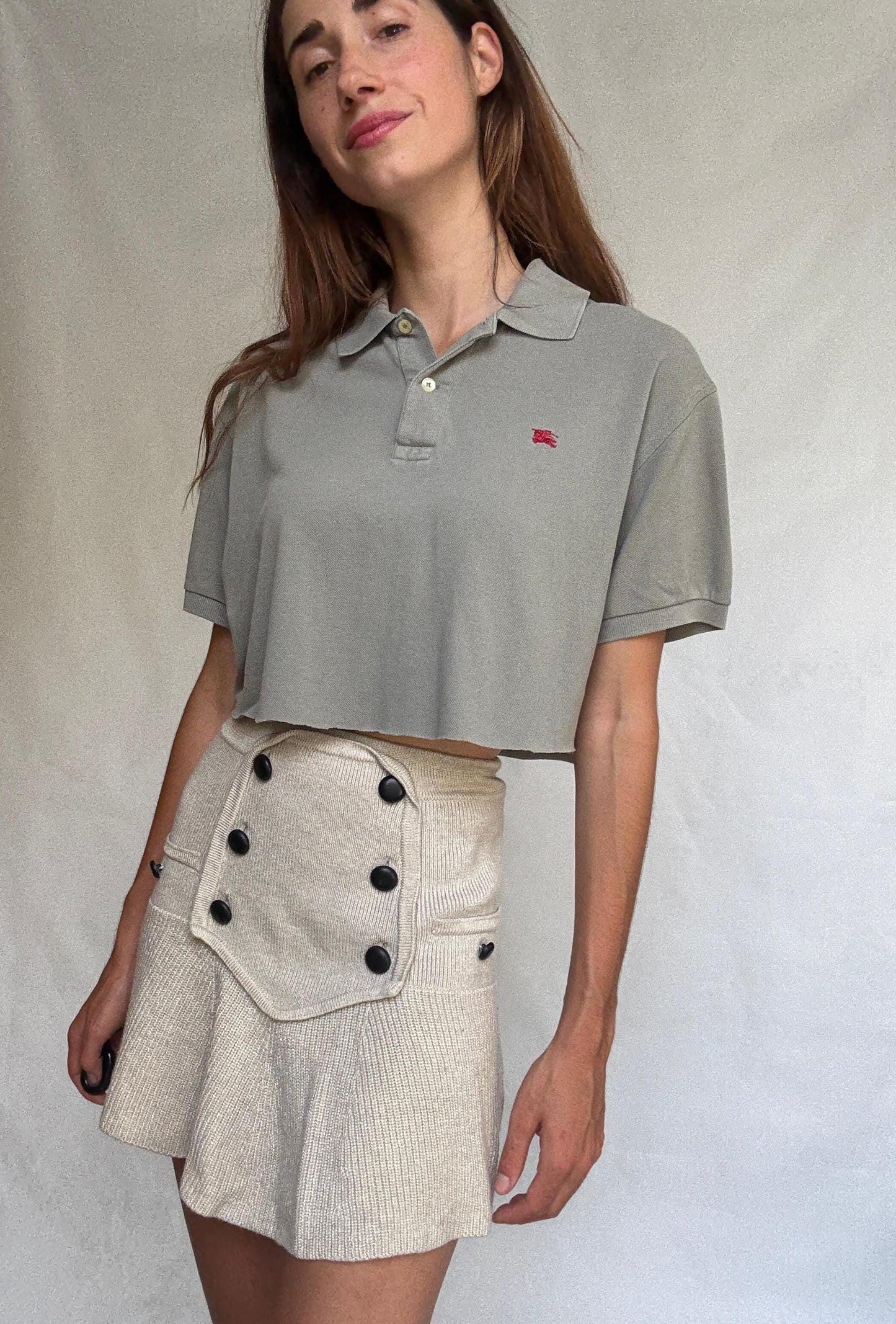 Vintage Burberry cropped polo shirt – olive green short sleeve logo top with collar and button placket – Burberry London size 5