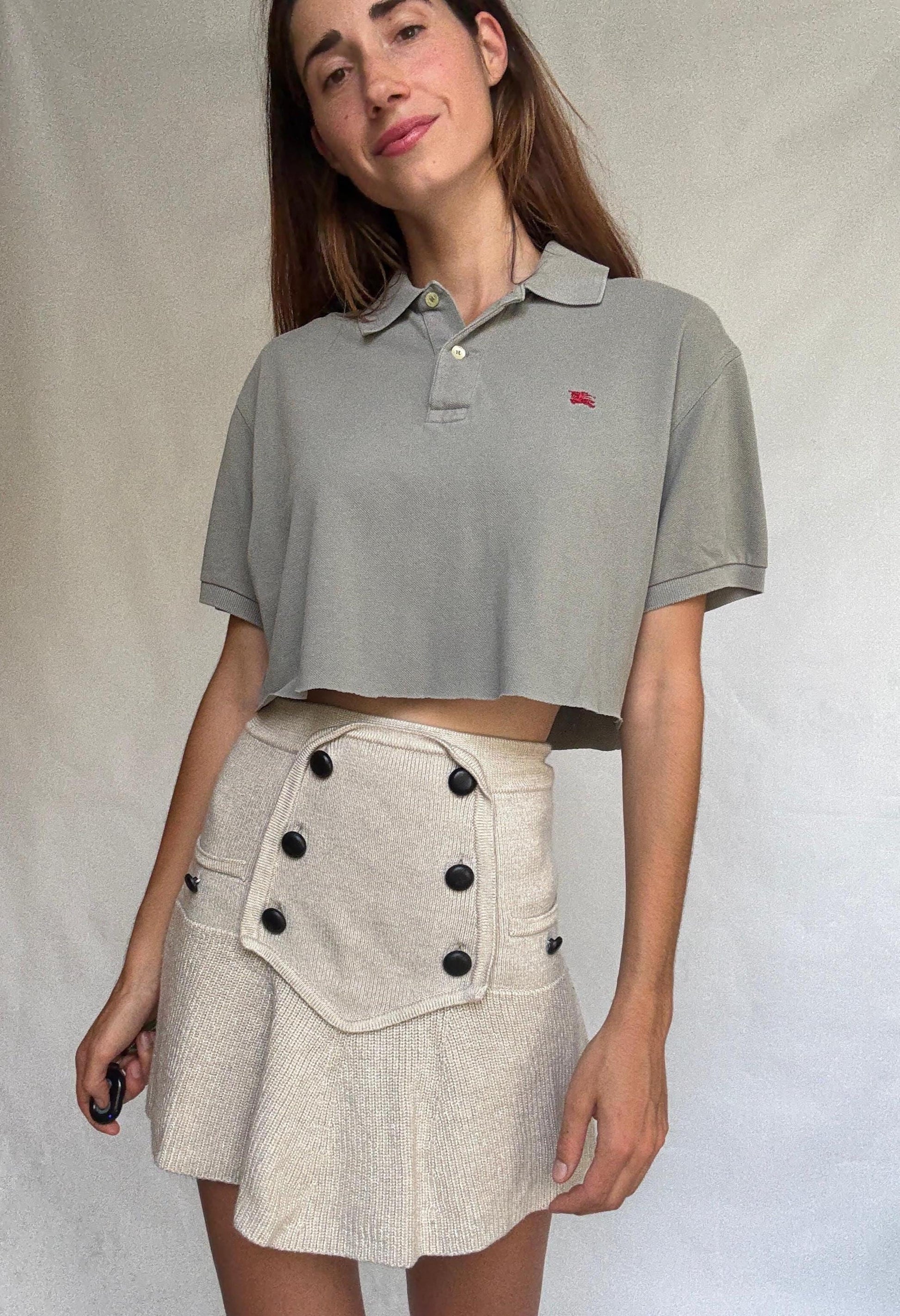 Vintage Burberry cropped polo shirt – olive green short sleeve logo top with collar and button placket – Burberry London size 5