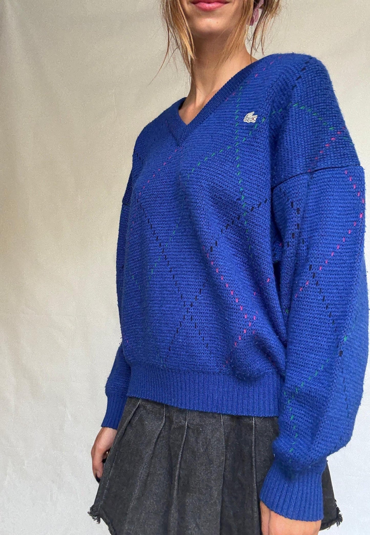 Vintage Lacoste navy V-neck sweater – wool blend pullover with logo – size 6 made in Spain