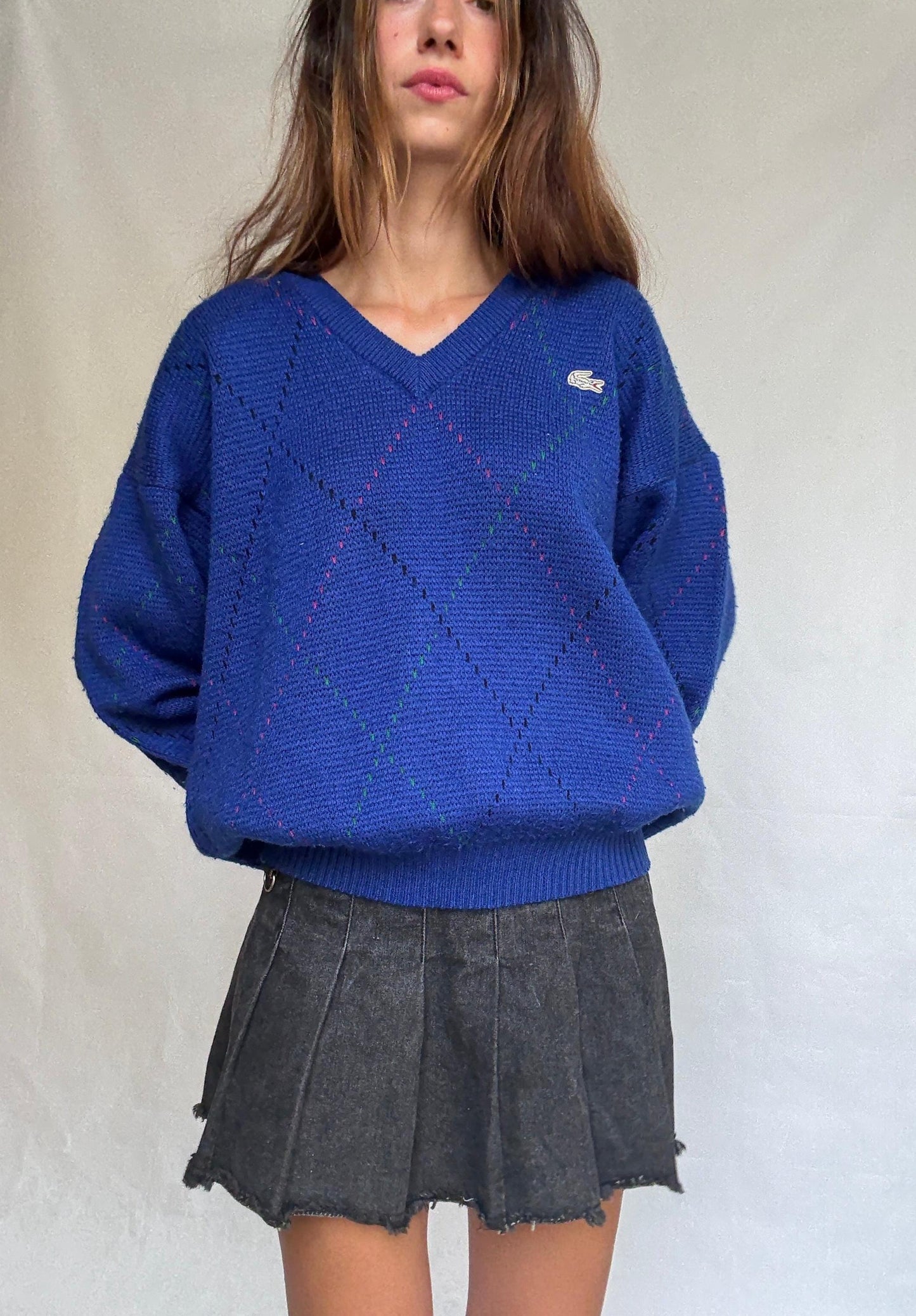Vintage Lacoste navy V-neck sweater – wool blend pullover with logo – size 6 made in Spain