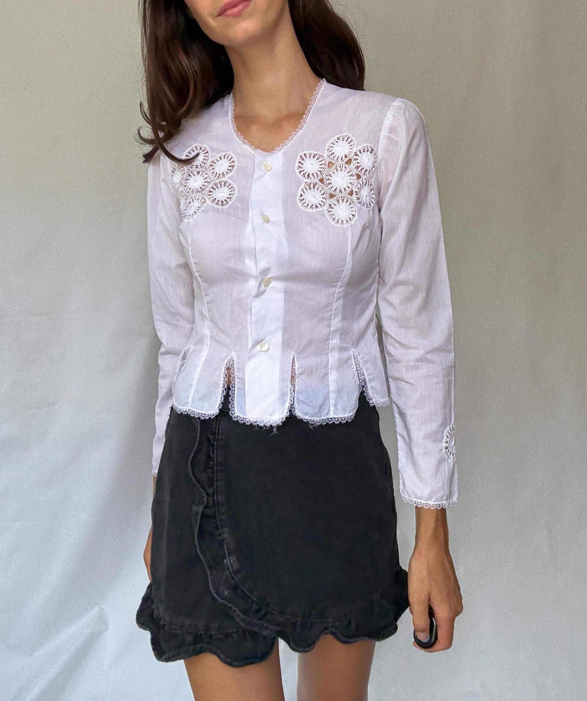 Vintage Canary Islands white handmade crochet embroidered blouse | rare Spanish folklore top | cottagecore romantic history piece, Size XS