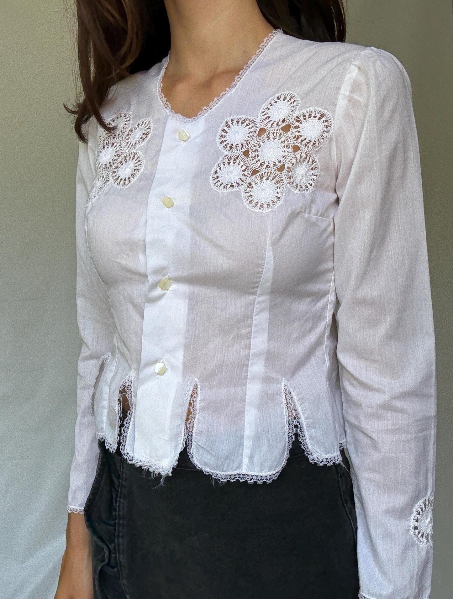 Vintage Canary Islands white handmade crochet embroidered blouse | rare Spanish folklore top | cottagecore romantic history piece, Size XS