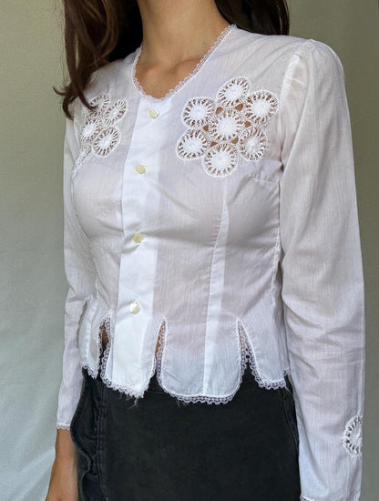 Antique White Crochet Embroidered Blouse — fabric close-up