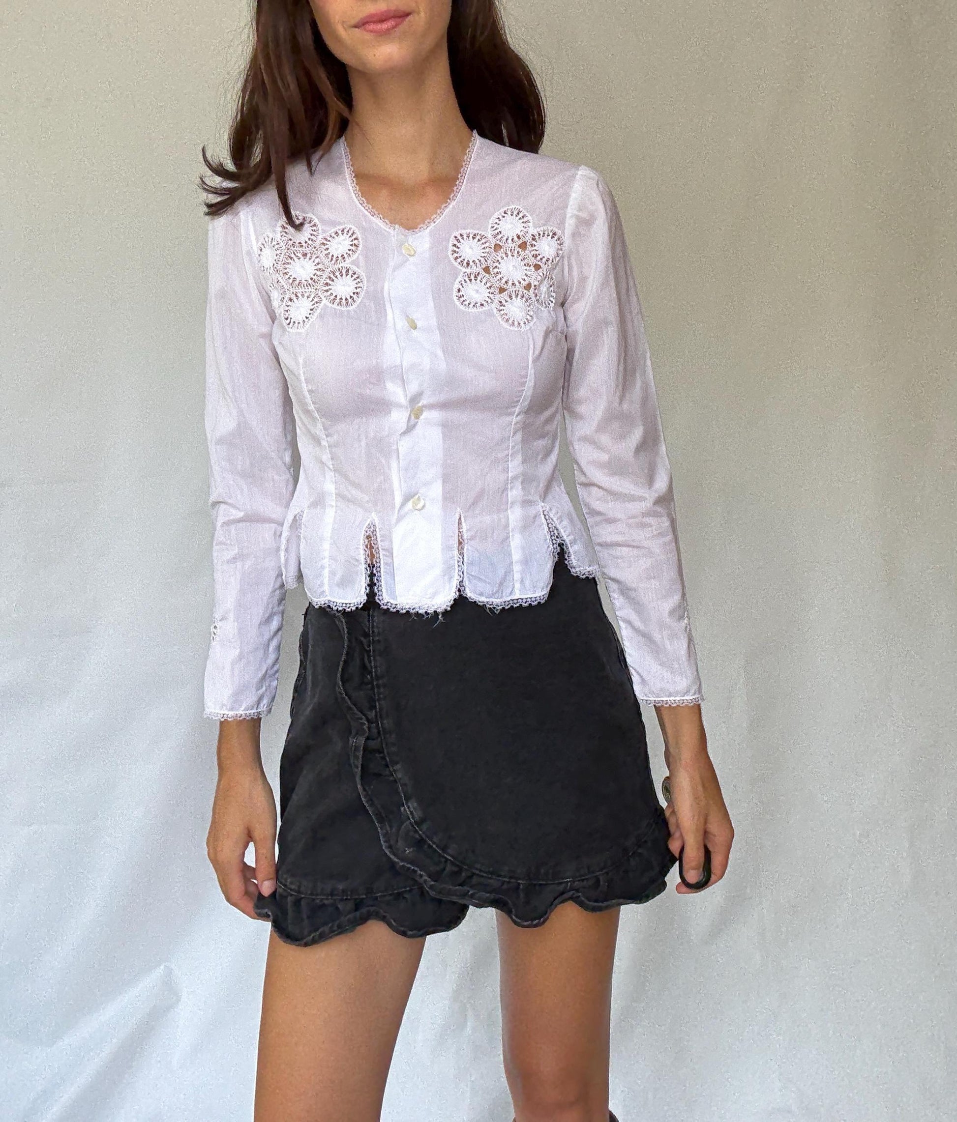 Vintage Canary Islands white handmade crochet embroidered blouse | rare Spanish folklore top | cottagecore romantic history piece, Size XS