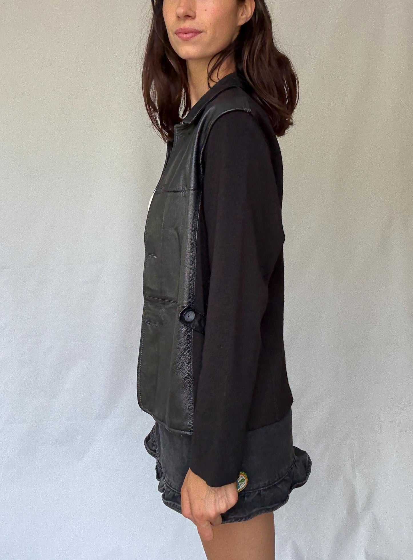 Luxury black leather and wool blend jacket, vintage minimalist style, high quality secondhand outerwear