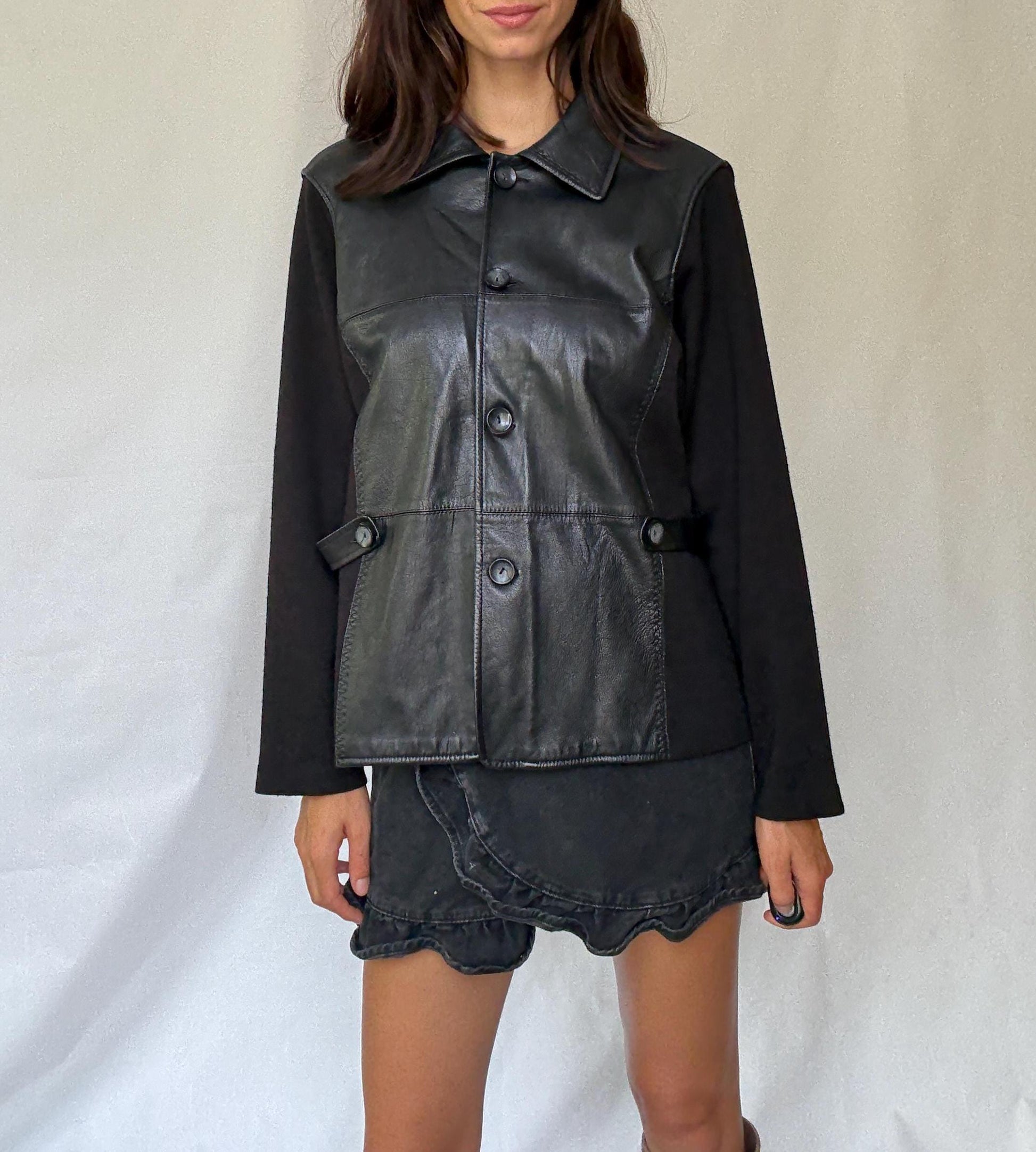 Luxury black leather and wool blend jacket, vintage minimalist style, high quality secondhand outerwear